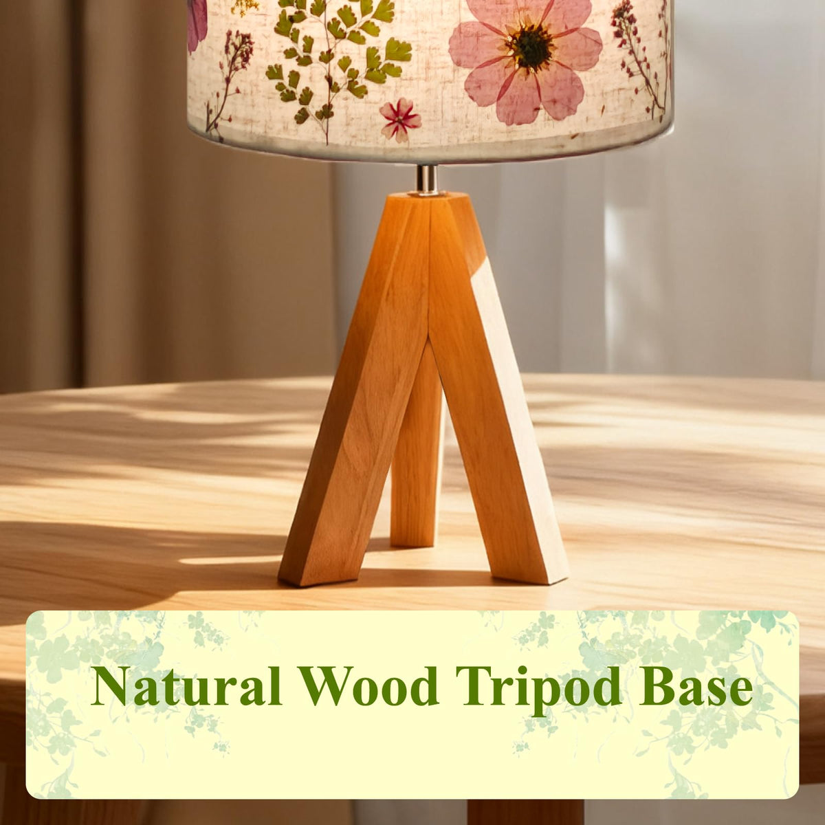 Dried Flowers Tripod Table Lamp 14.96in, 9W LED Dimmable Cute Bedside Lamp with Flowers Linen Lampshade for Nursery, Bedroom, Kid Room, Living Room, Light Brown Wooden Base
