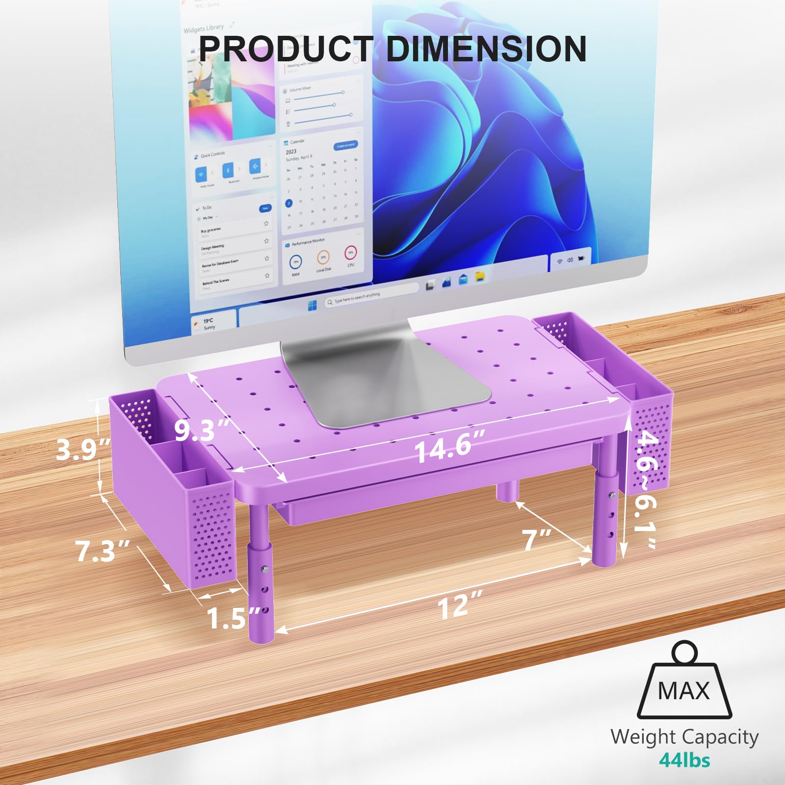 Computer Monitor Stand with Storage, Desk Organizer with Drawer and Pen Holder, Desk Monitor Riser 3 Height Adjustable, Laptop Riser for Laptop, Printer (PTT003-V), 1 Pack, Violet