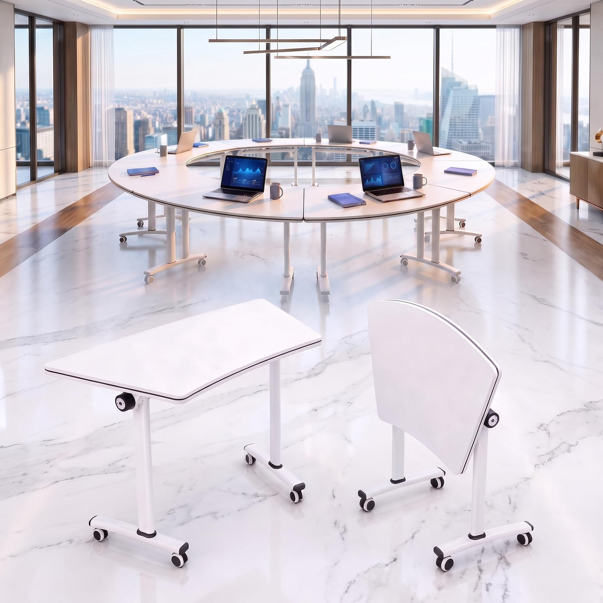 Folding Round Conference Table with Wheels, Flip Top Training Desk, 360° Lockable Casters, Stackable Nesting Mobile Seminar Table for Office Classroom,White,40in,10