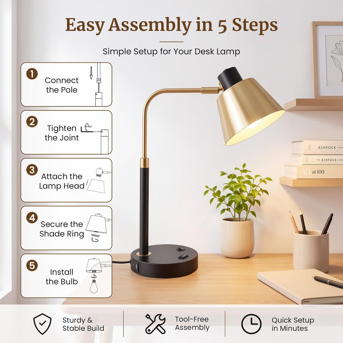 Desk Lamp with USB-C, USB-A and AC Outlet, Adjustable E26 Table Lamp for Home Office and Bedside Reading, Matte Black and Brushed Brass-Look, Bulb Not Included