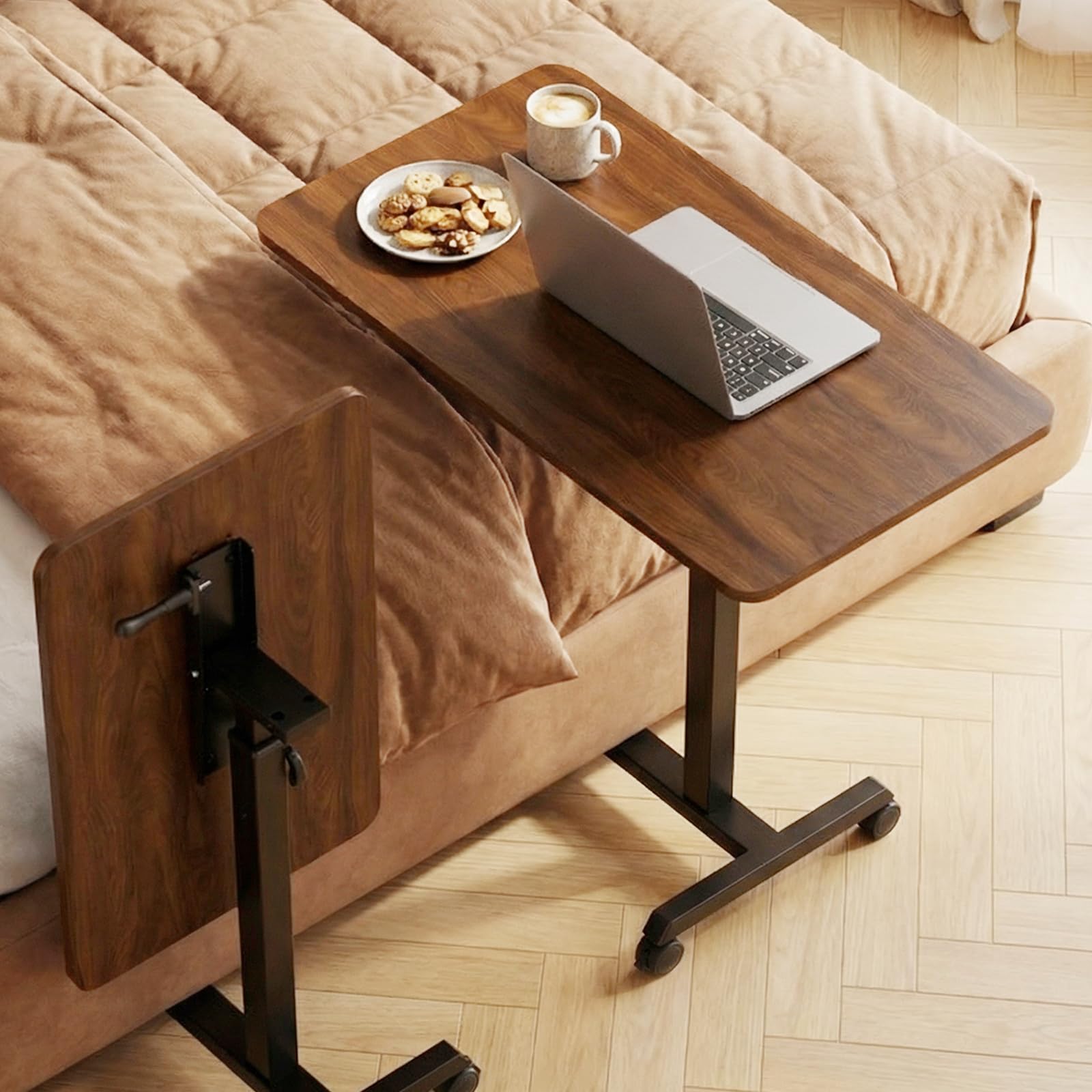 Small Standing Desk, 24 Inches Foldable Mobile Rolling Laptop PC Table with Lockable Casters, Adjustable Height Overbed Bedside Table Computer Workstation for Home Office, Dark Brown-Foldable