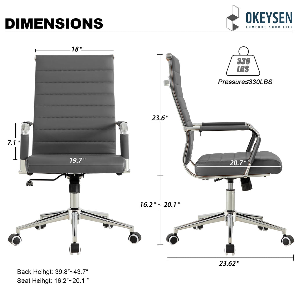 Grey Office Desk Chair, Ergonomic Leather Modern Conference Room Chairs, Executive Ribbed Height Adjustable Swivel Rolling Chair for Home Office.