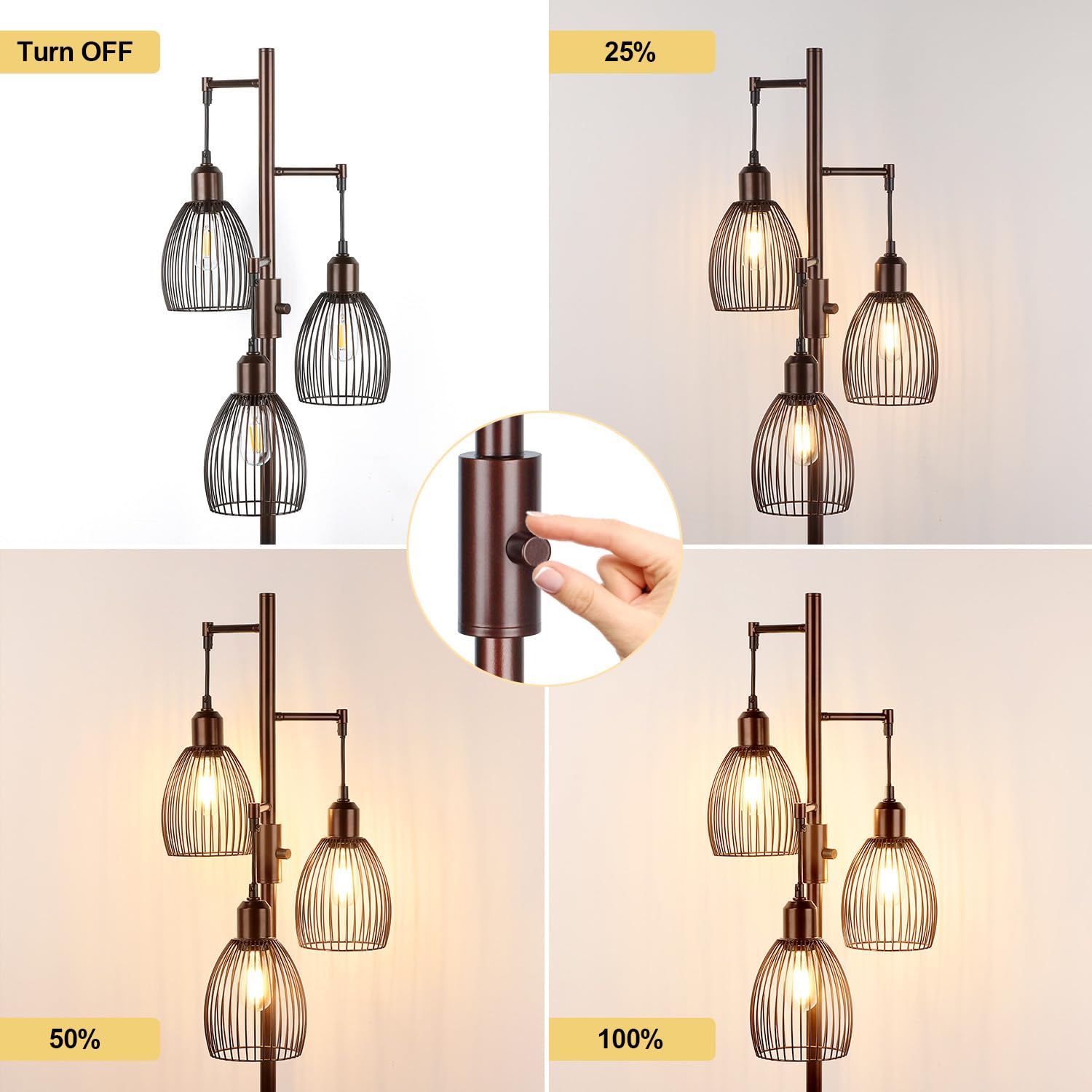 Floor Lamp, 3 x 800LM LED Edison Bulbs Included, Farmhouse Industrial Floor Lamp Standing Lamp with Elegant Teardrop Cage Head Tall Lamp for Living Room Bedroom Office Dining Room - Brown