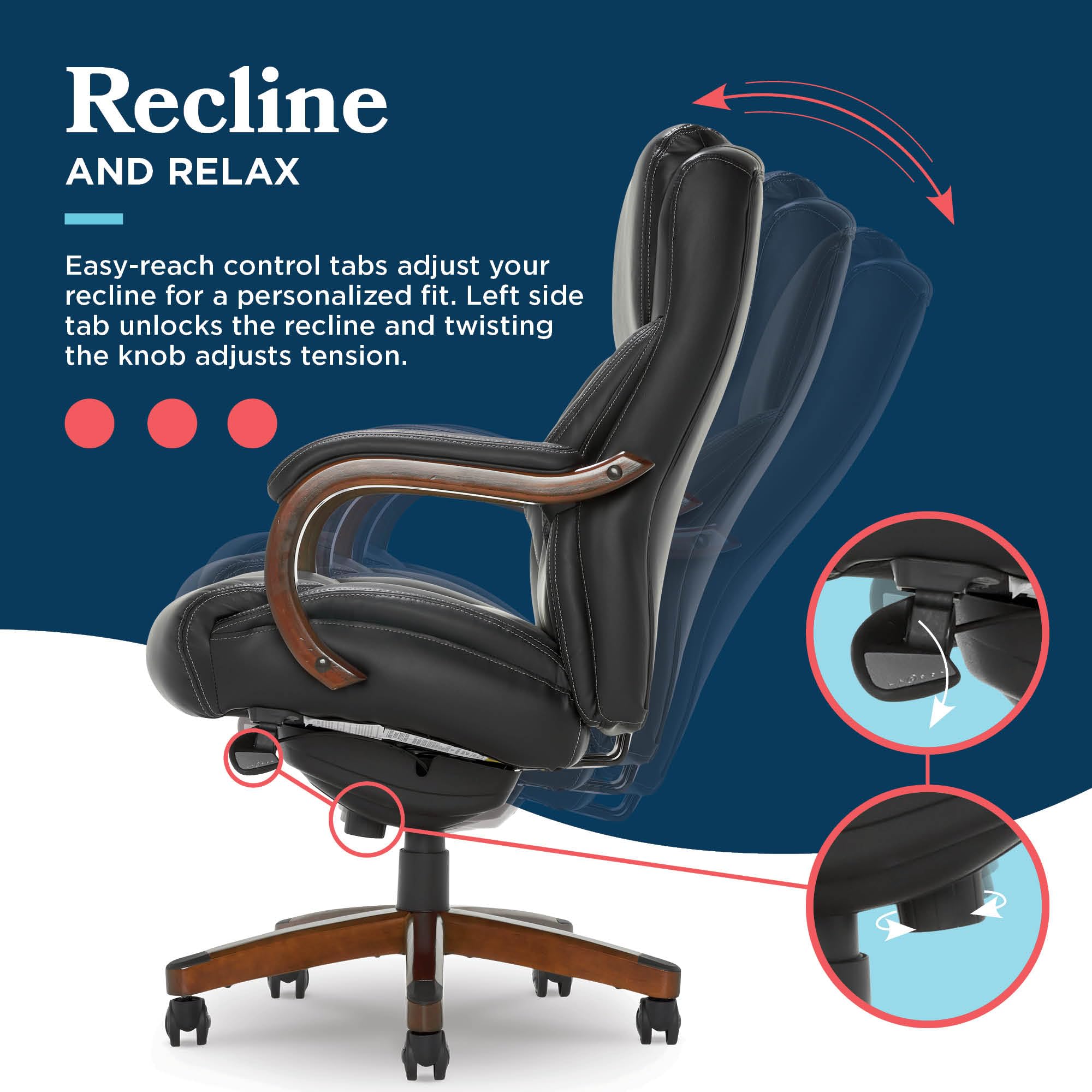 Delano Big and Tall Executive Office Chair - Ergonomic Lumbar Support Memory Foam - Bonded Leather Desk Chair for Home Office - Mahogany Wood Arms - Black