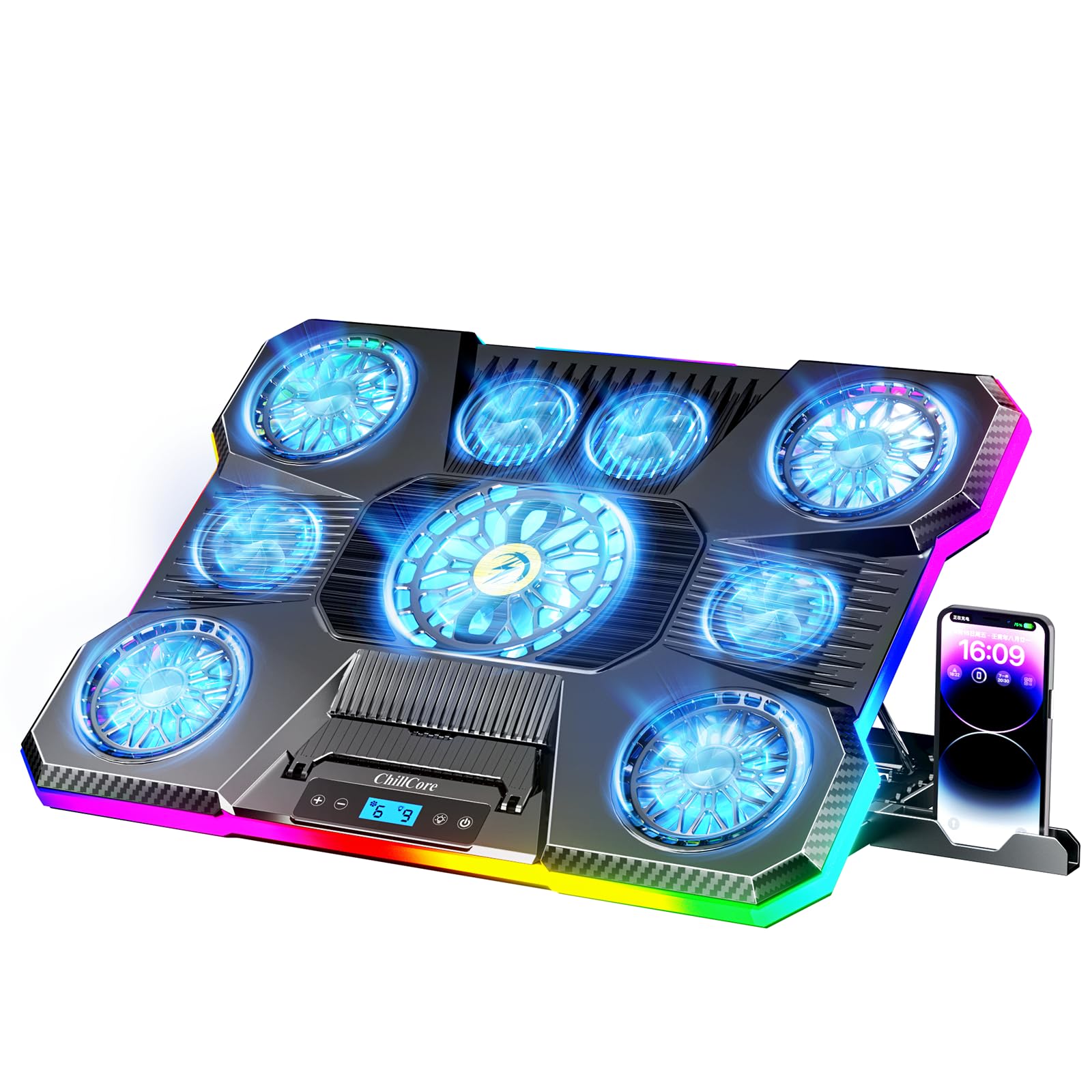 Laptop Cooling Pad, RGB Lights Laptop Cooler 9 Fans for 15.6-19.3 Inch Laptops, Gaming Laptop Fan Cooling Pad with 8 Height Stands, 2 USB Ports - A21 Blue