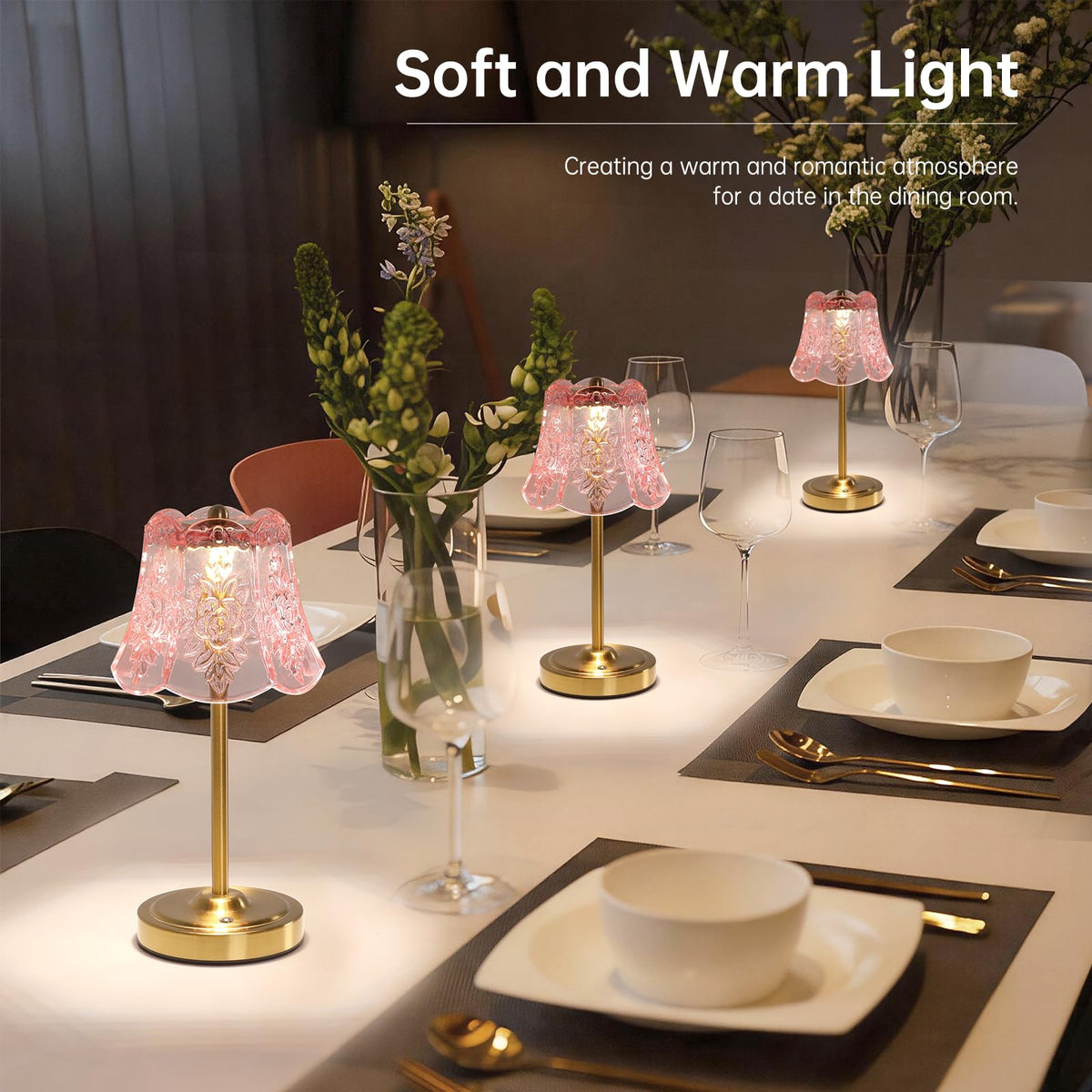 Cordless Touch Table Lamp with 5200mAh Battery - 3 Adjustable Color Temperatures & Dimmable, Rechargeable Desk Lamp for Bedroom, Living Room, Office, Entryway, Bookshelves (Clear Pink Rose)