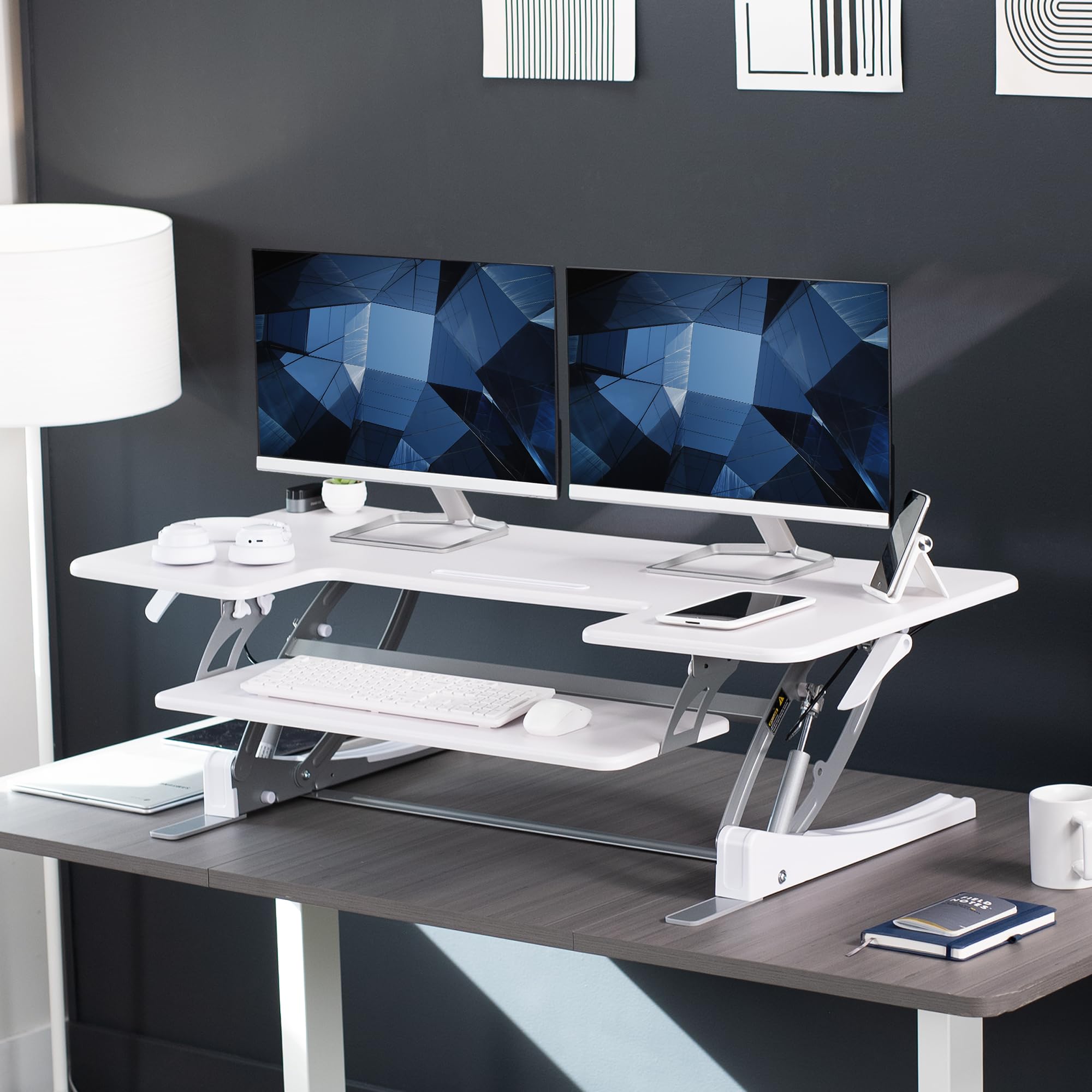 48 inch Height Adjustable Large Stand Up Desk Converter, V Series, Quick Sit to Stand Tabletop Dual Monitor Riser Workstation, White, DESK