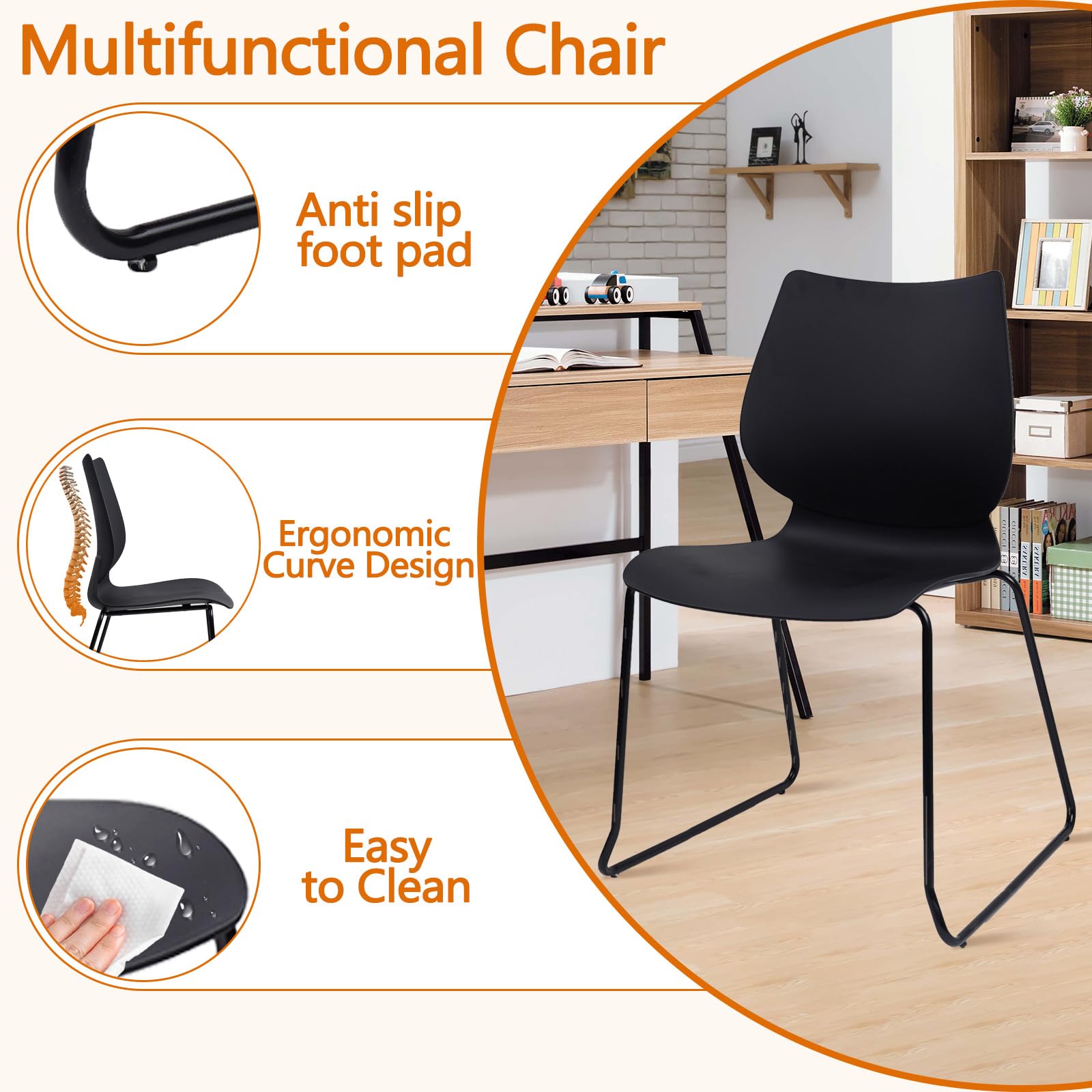 Set of 8, Stackable Waiting Room Chair, Stacking Office Chair with Ergonomic Lumbar Support and Metal Legs, Plastic Desk Chairs for Conference School Church Guest Reception, Black