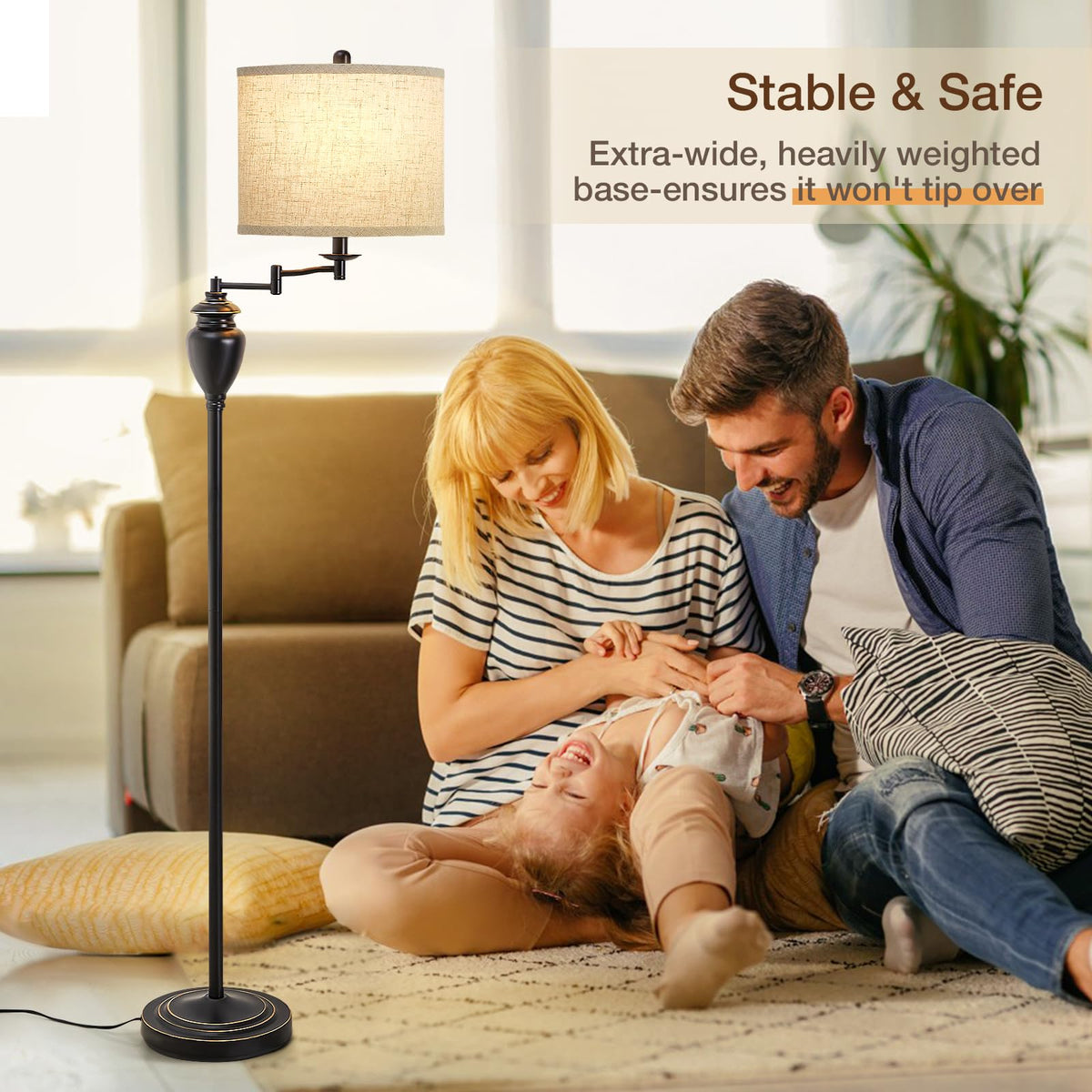 Floor Lamp for Living Room, Color Temperature 350° Adjustable Swing Arm Lamp Vintage Standing Lamp Traditional Farmhouse Standing Lamp Tall Lamp for Bedroom Office Home Nursery Study Room Hotel