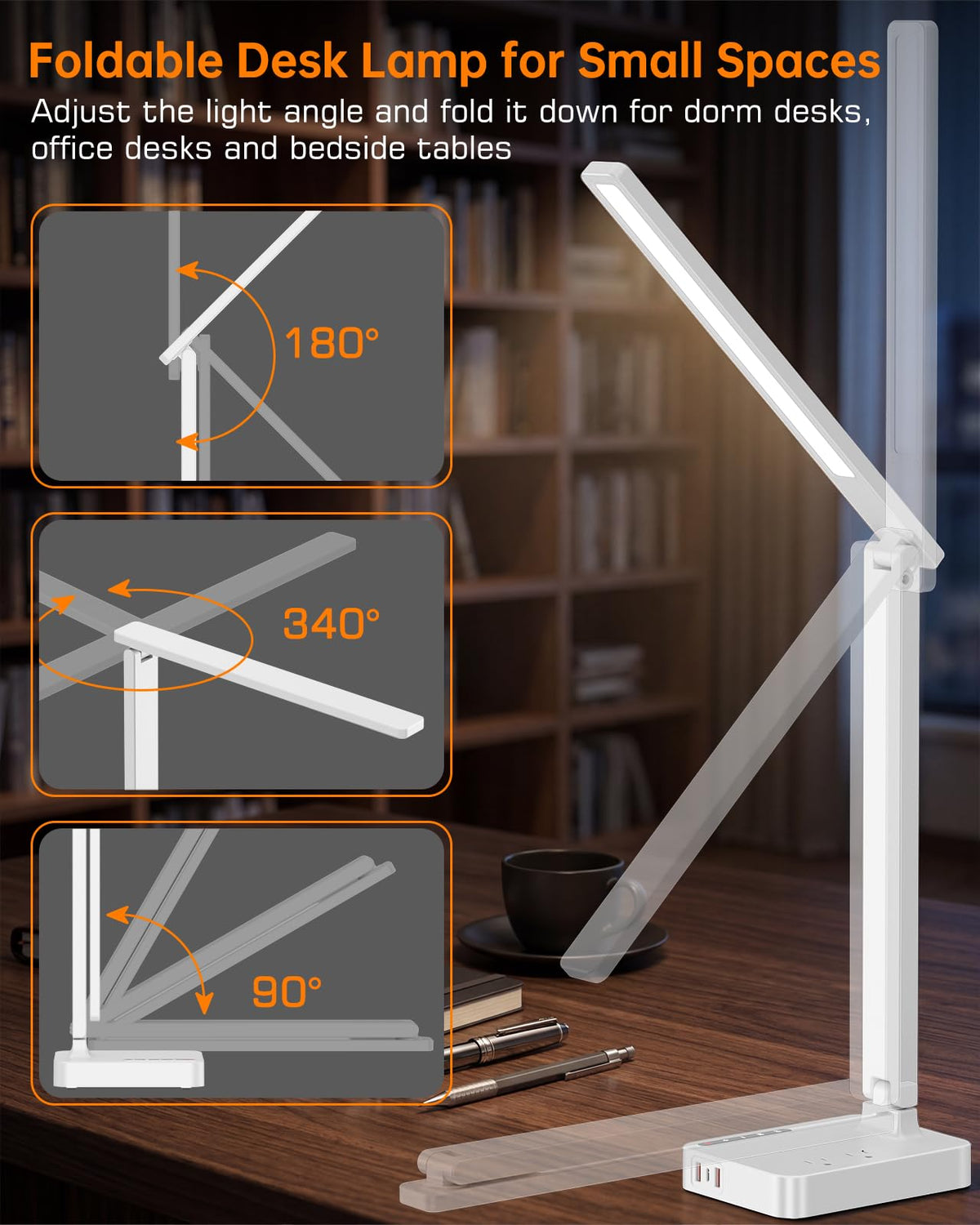 LED Desk Lamp for Dorm Office, USB-C,AC Outlet, Reading Light, White