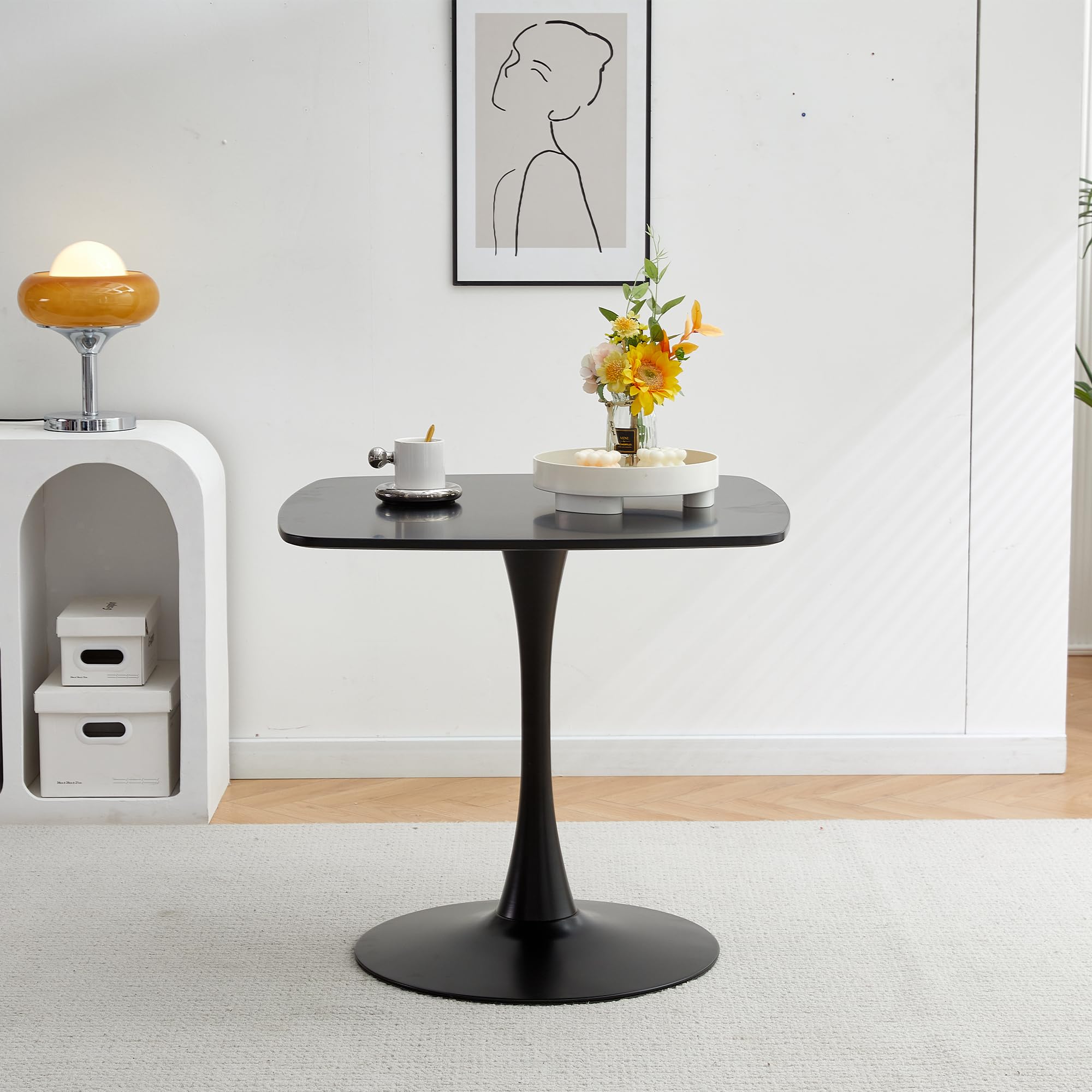 23.6" Square Tulip Dining Table, Mid-Century Tulip Table Kitchen Tulip Dining Table 2 People with MDF Table Top & Metal Base for Office Living Room
