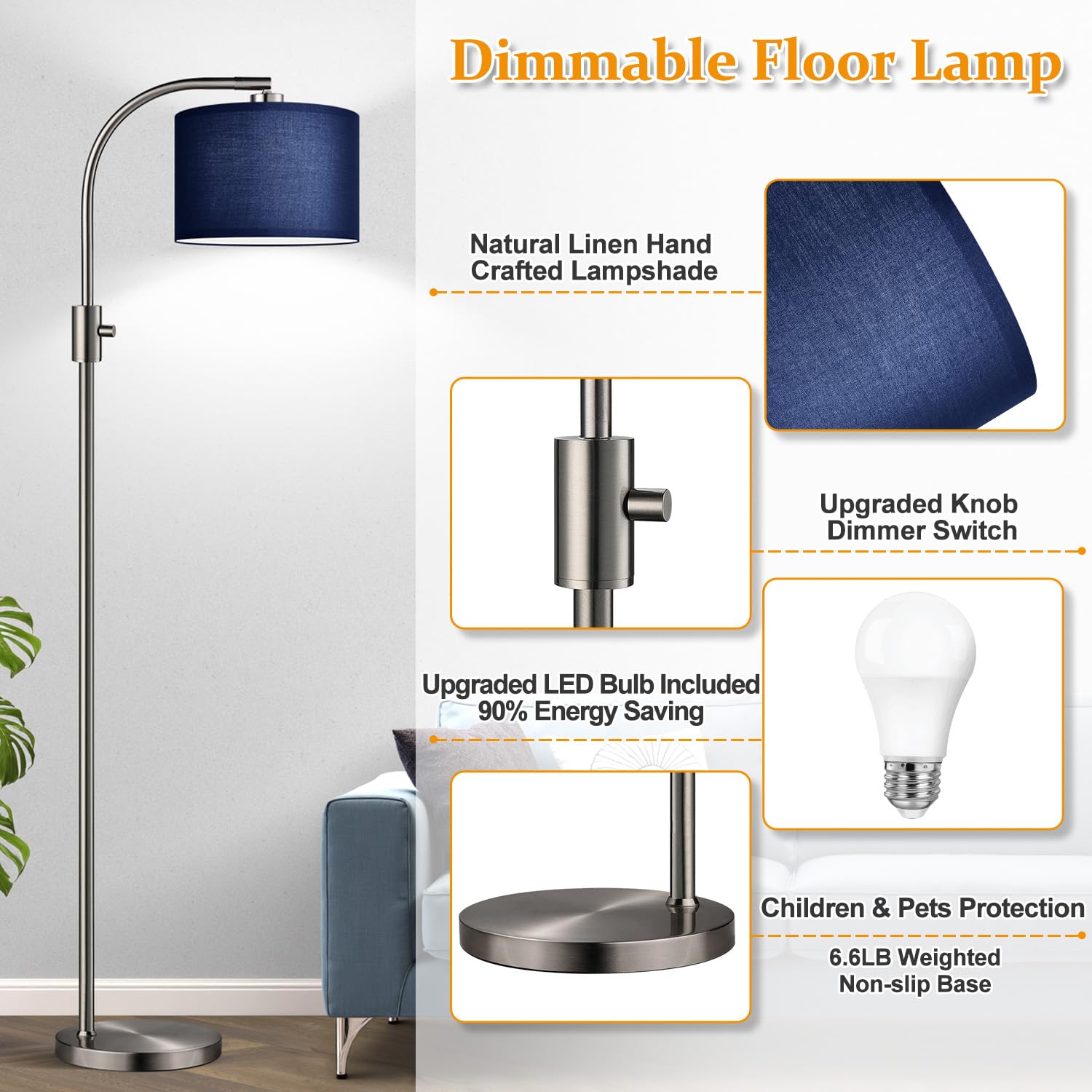 Upgraded Modern Arc Dimmable Tall Standing Floor Lamp with Blue Shade, 1200 Lumens LED Bulb Included, for Living & Reading Room, Bedroom, Office & Nursery, Brushed Nickel
