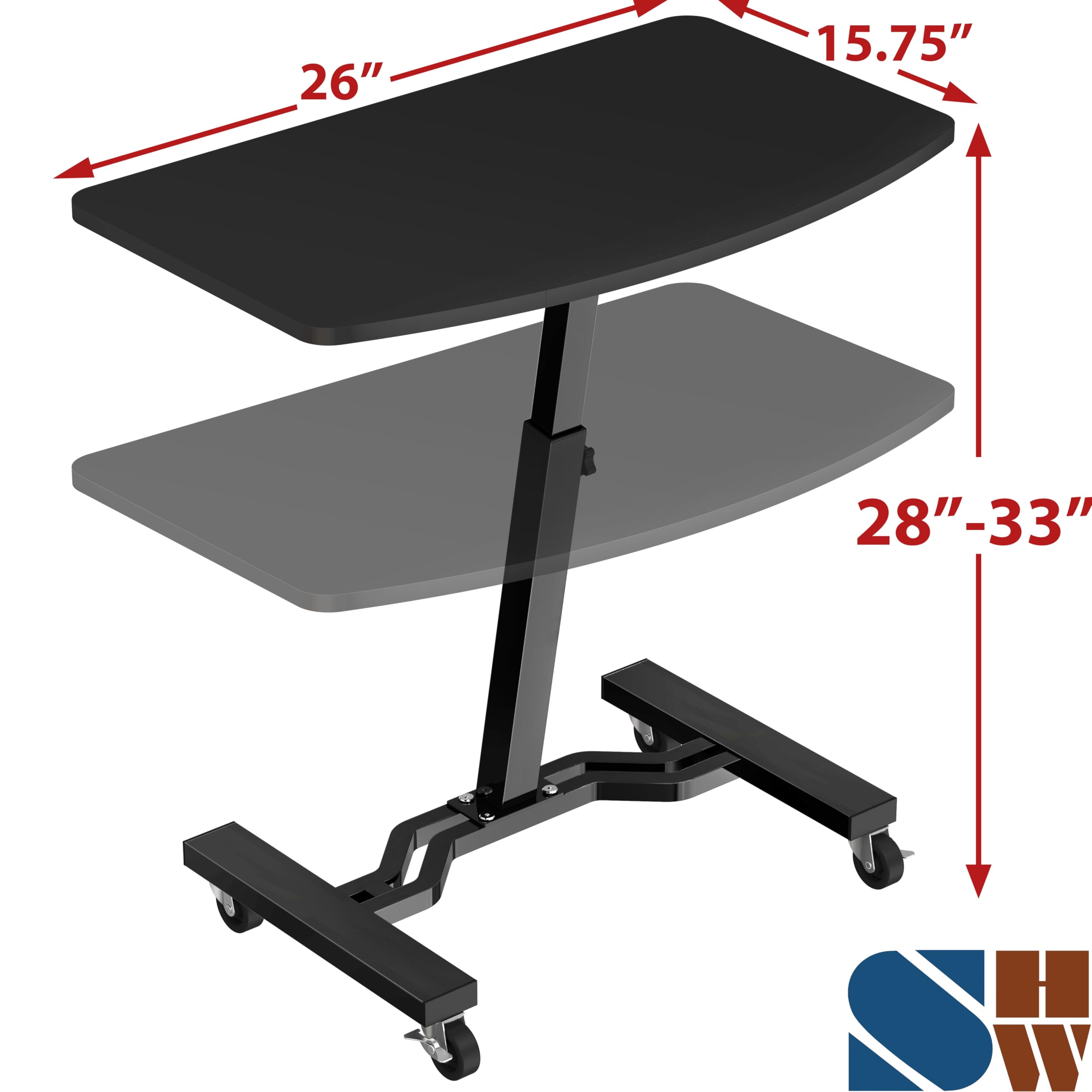 Mobile Height Adjustable Laptop Rolling Cart with Height Adjustment from 28" to 33", Black