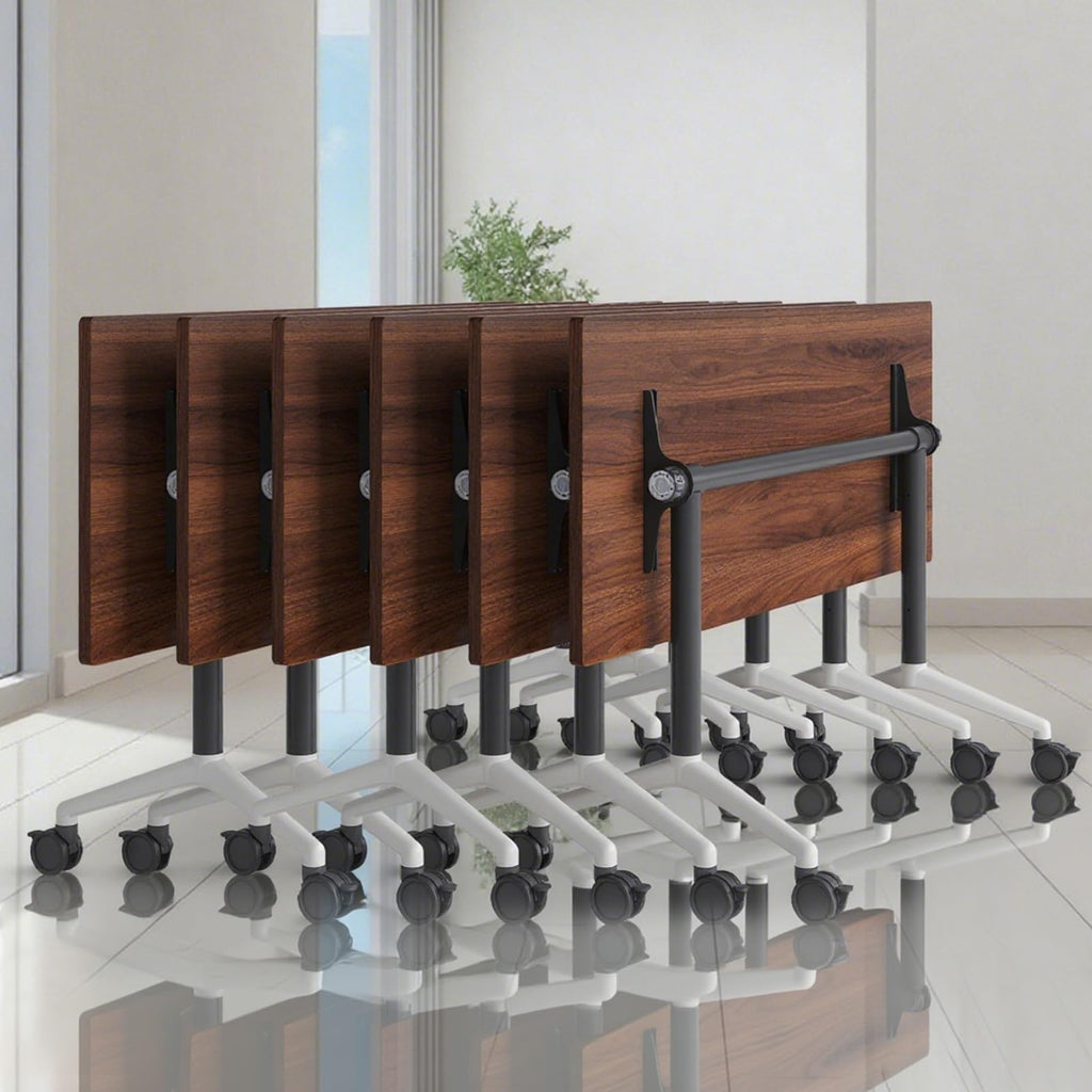 Conference Table,Folding Conference Room Tables with Wheels, 47.2” Modular Training Tables for Office/Classroom/Meeting, Lockable 360° Silent Wheels＆Space Saving Stackable, Walnut Finish, 6 Pack