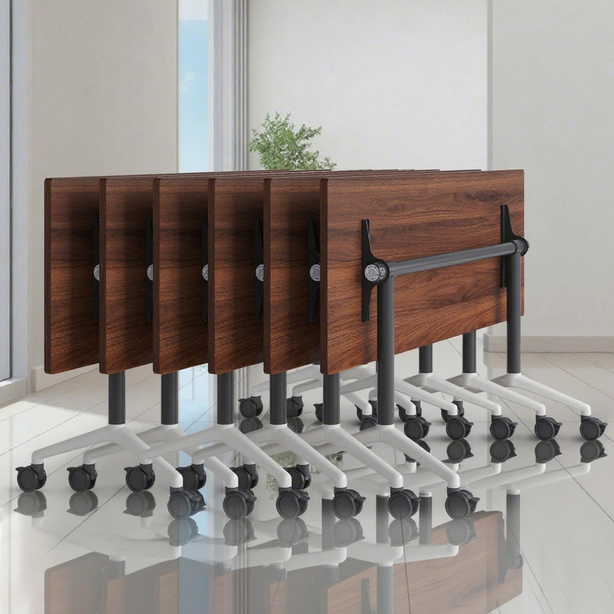 Conference Table,Folding Conference Room Tables with Wheels, 47.2” Modular Training Tables for Office/Classroom/Meeting, Lockable 360° Silent Wheels＆Space Saving Stackable, Walnut Finish, 6 Pack