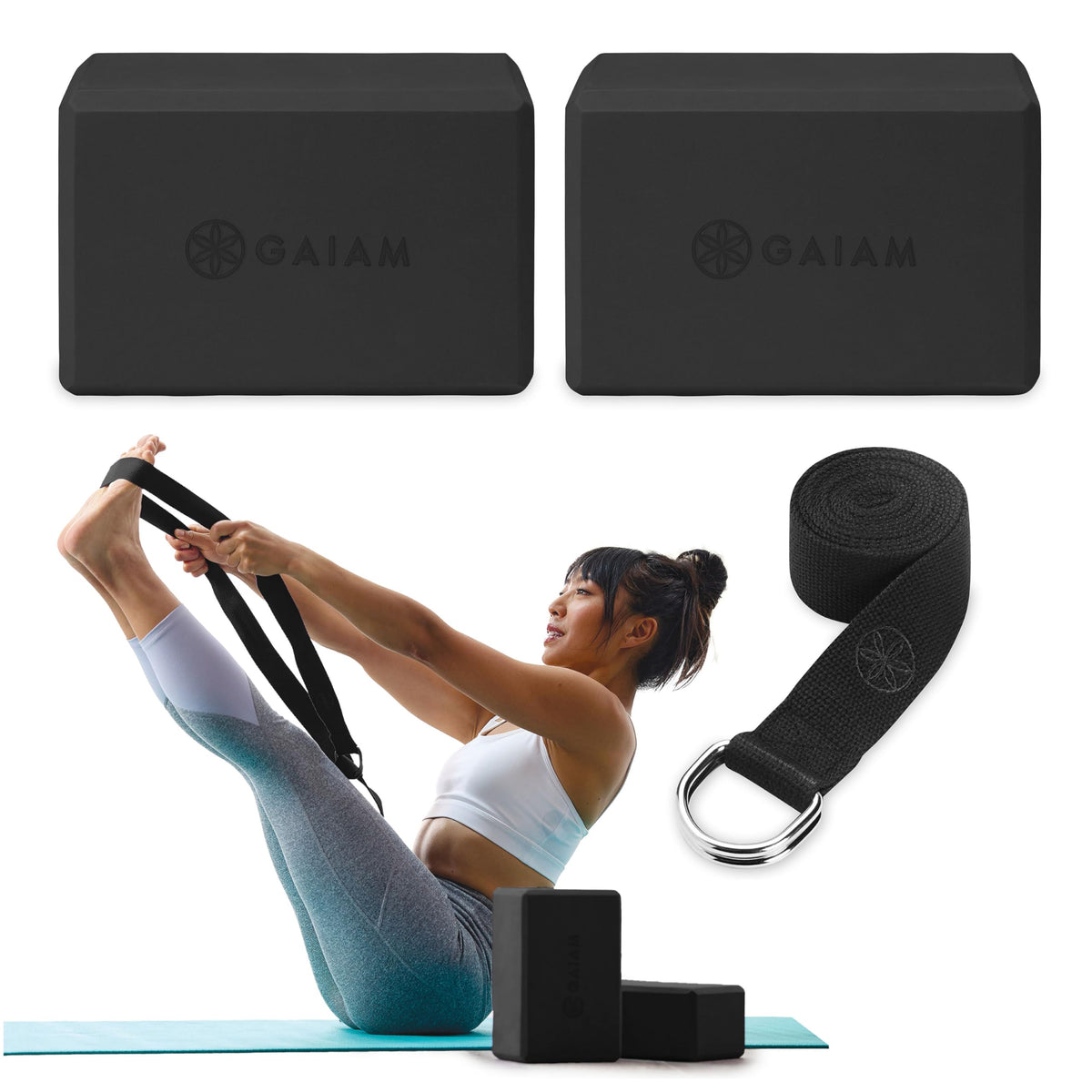 2-Pack Yoga Blocks & Strap Set - Black