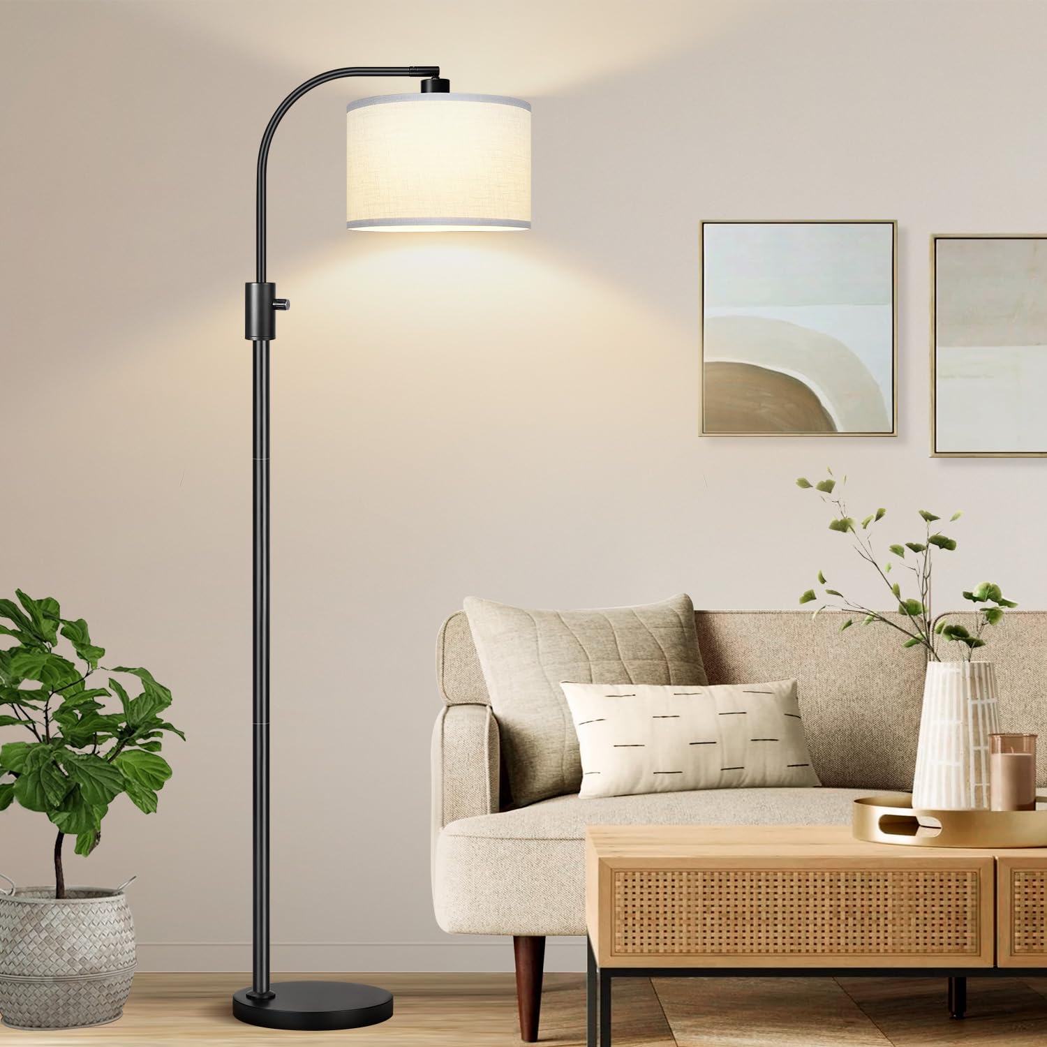 Upgraded Modern Arc Dimmable Tall Standing Floor Lamp with White Shade, 1200 Lumens LED Bulb Included, for Living & Reading Room, Bedroom, Office & Nursery, Black