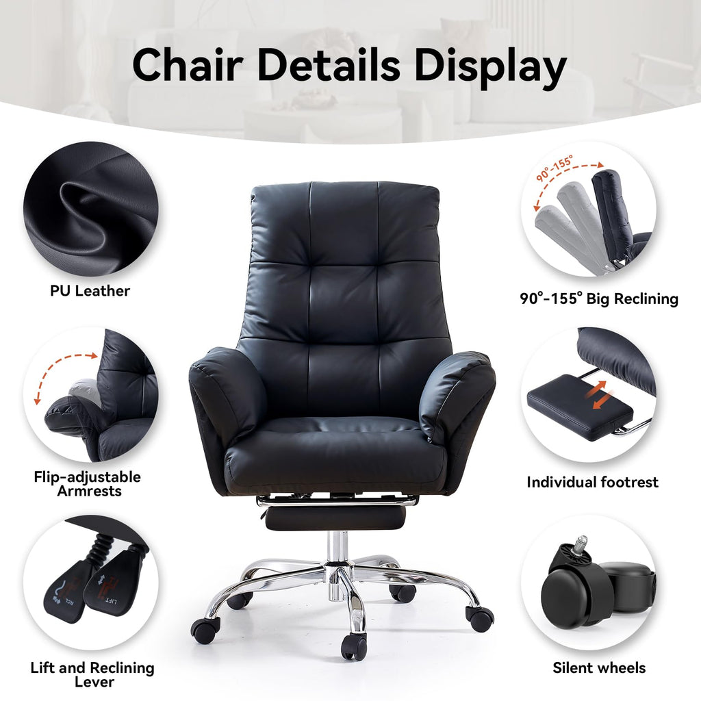 Heated and Massage Office Chair with Foot Rest Criss Cross Chair with Wheels and Flip-up Arms Reclining Desk Chair Comfy Wide Seat PU Leather Rolling Computer Home Office Chair (Black)