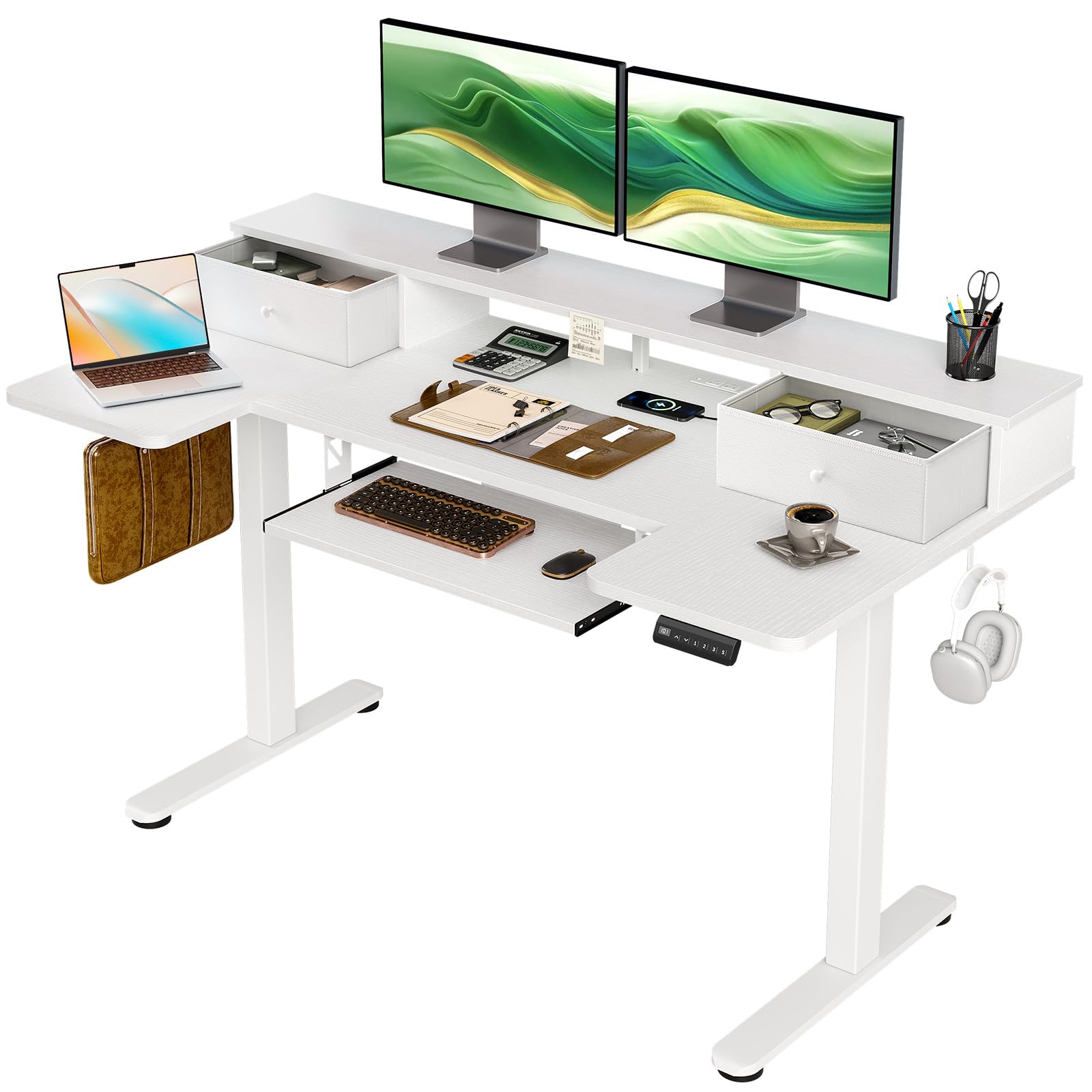 U Shaped Electric Standing Desk with Drawers, 55 Inch Height Adjustable Desk with Keyboard Tray ＆ Ergonomic Monitor Stand, Sit Stand Table with Power Outlets for Home, Office, White