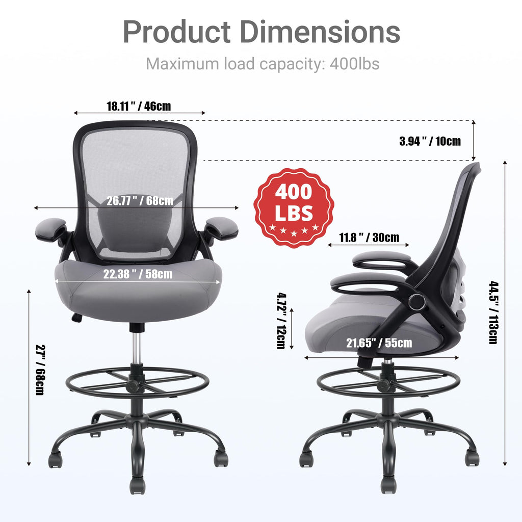 400lbs Heavy Duty Drafting Chair 5" Thickened Seat Office Chair with Flip-Up Armrests Tall Ergonomic Computer Chair with Lumbar Support and Adjustable Footrest Ring Standing Desk Chair(Grey)