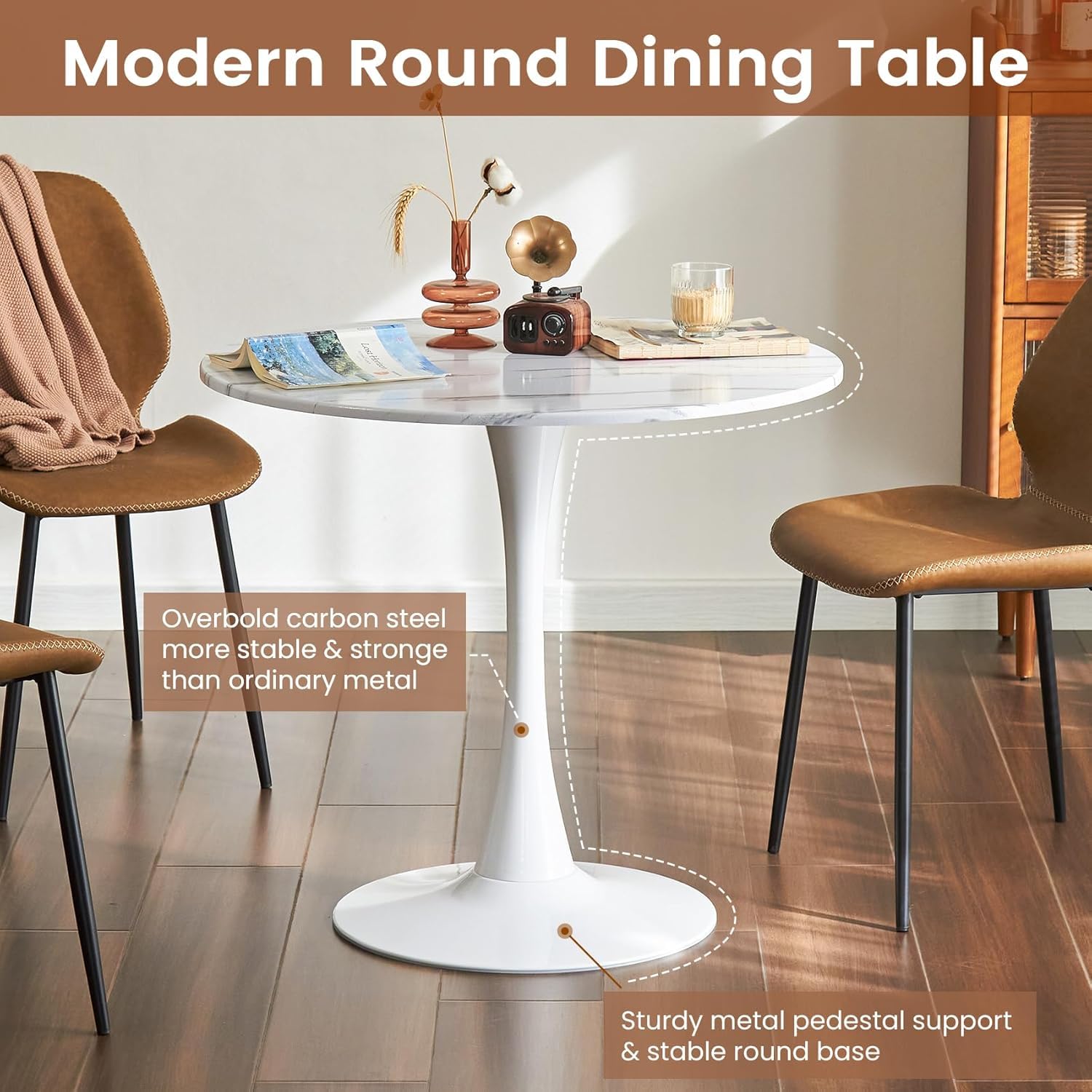 Comtrysail Round Dining Tulip Table for 4, Mid-Century Modern Table with Sturdy Metal Pedestal for Kitchen, Bistro, Cafe, Leisure (Faux Marble White, 31.5 INCH)