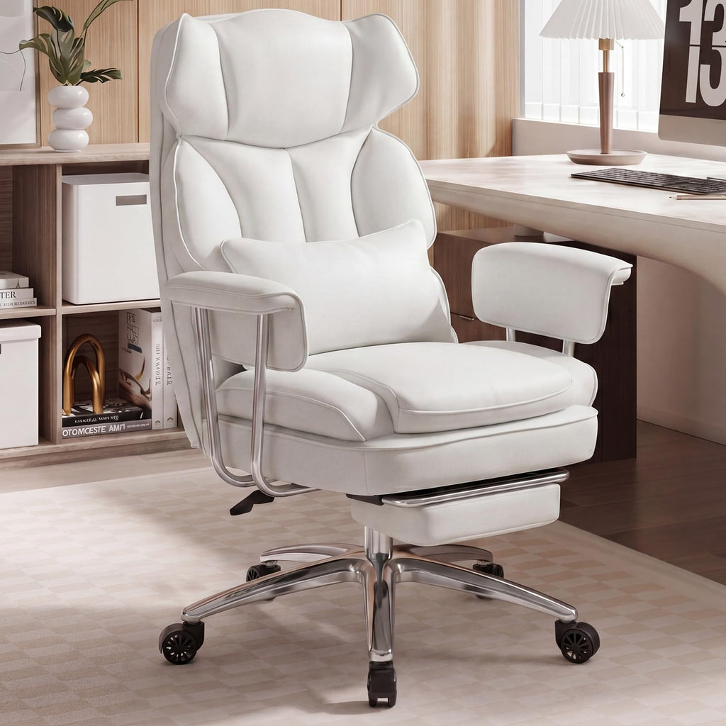 Home Office Desk Chair Comfy with Foot Rest, PU Leather Ergonomic Big and Tall High Back Support, 360° Swivel Wheels, Armrests and Detachable Pillow, Height Adjustable, White