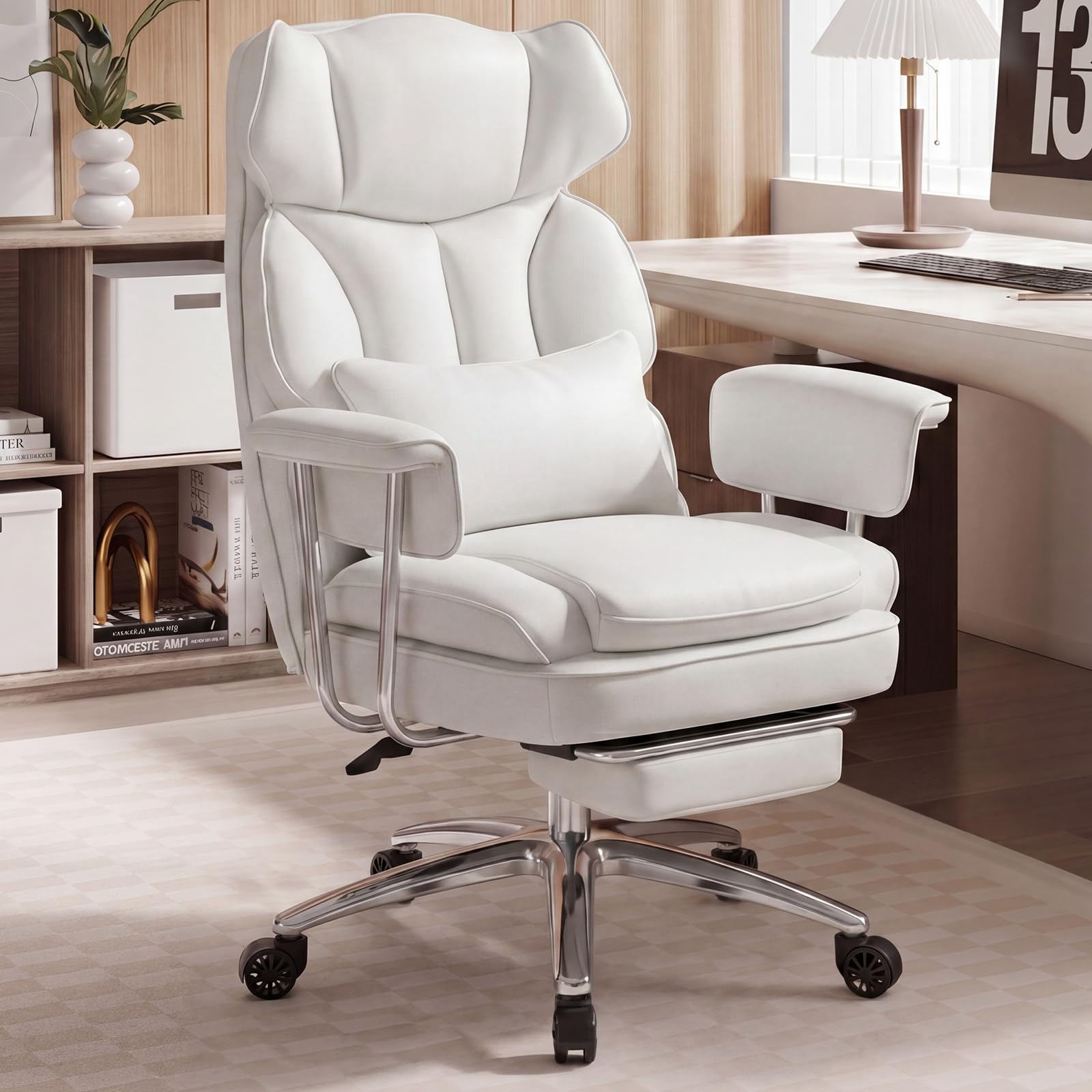 Home Office Desk Chair Comfy with Foot Rest, PU Leather Ergonomic Big and Tall High Back Support, 360° Swivel Wheels, Armrests and Detachable Pillow, Height Adjustable, White