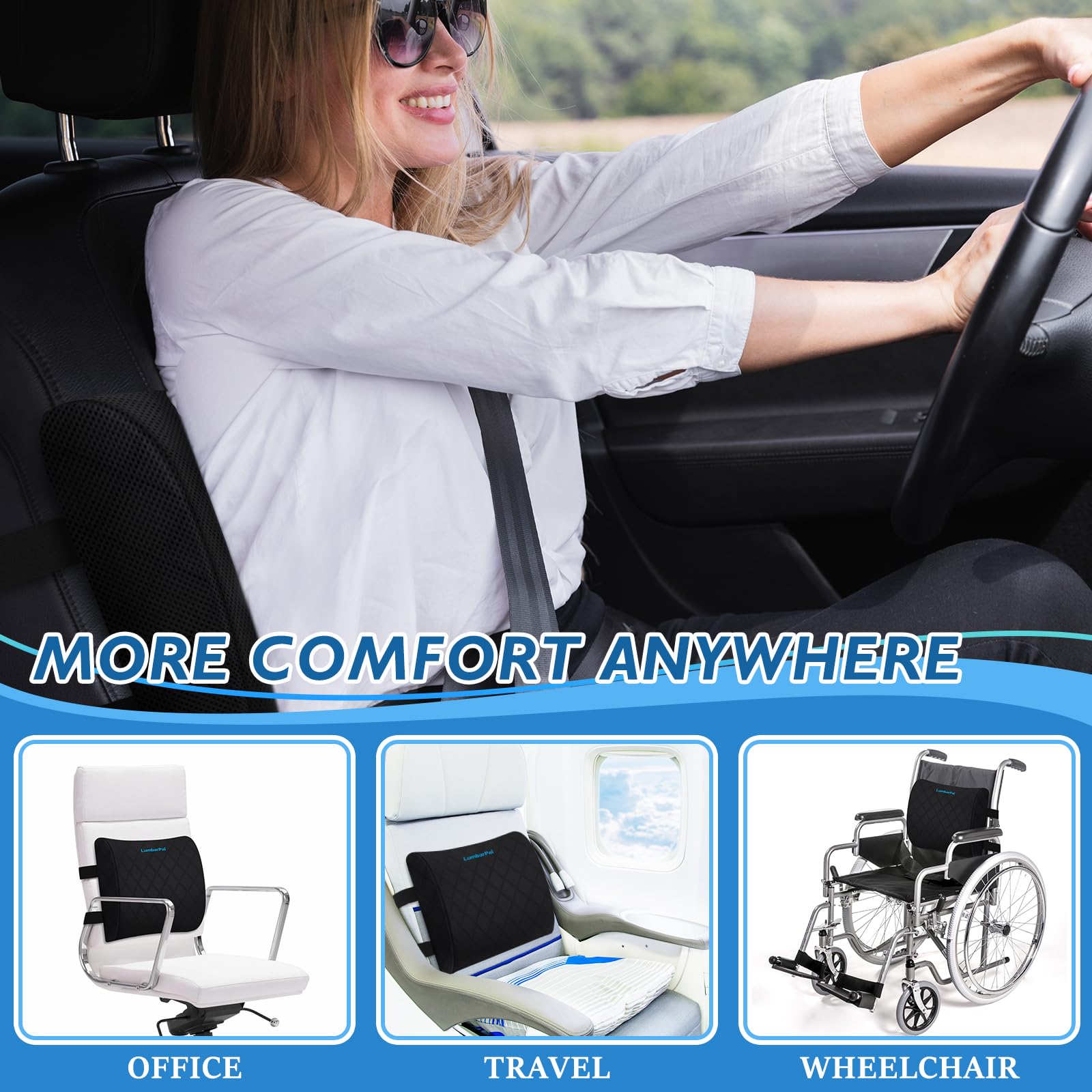 Lumbar Support Pillow for Office Chair Back Support Lumbar Pillow for Car, Gaming, Office Chair - Improve Sitting Posture & Back Pain Relief, Memory Foam, Adjustable Straps, Black