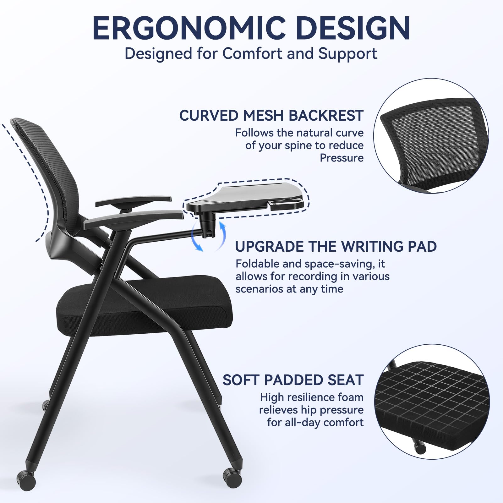 Ergonomic Foldable Office Chair with Breathable Mesh Back, Stackable Conference Chair - PU Wheels & Armrest for Guest, Meeting, Reception (Black) (Black-A)