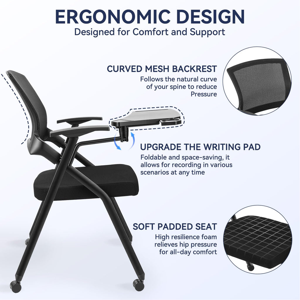 Ergonomic Foldable Office Chair with Breathable Mesh Back, Stackable Conference Chair - PU Wheels & Armrest for Guest, Meeting, Reception (Black-A2)