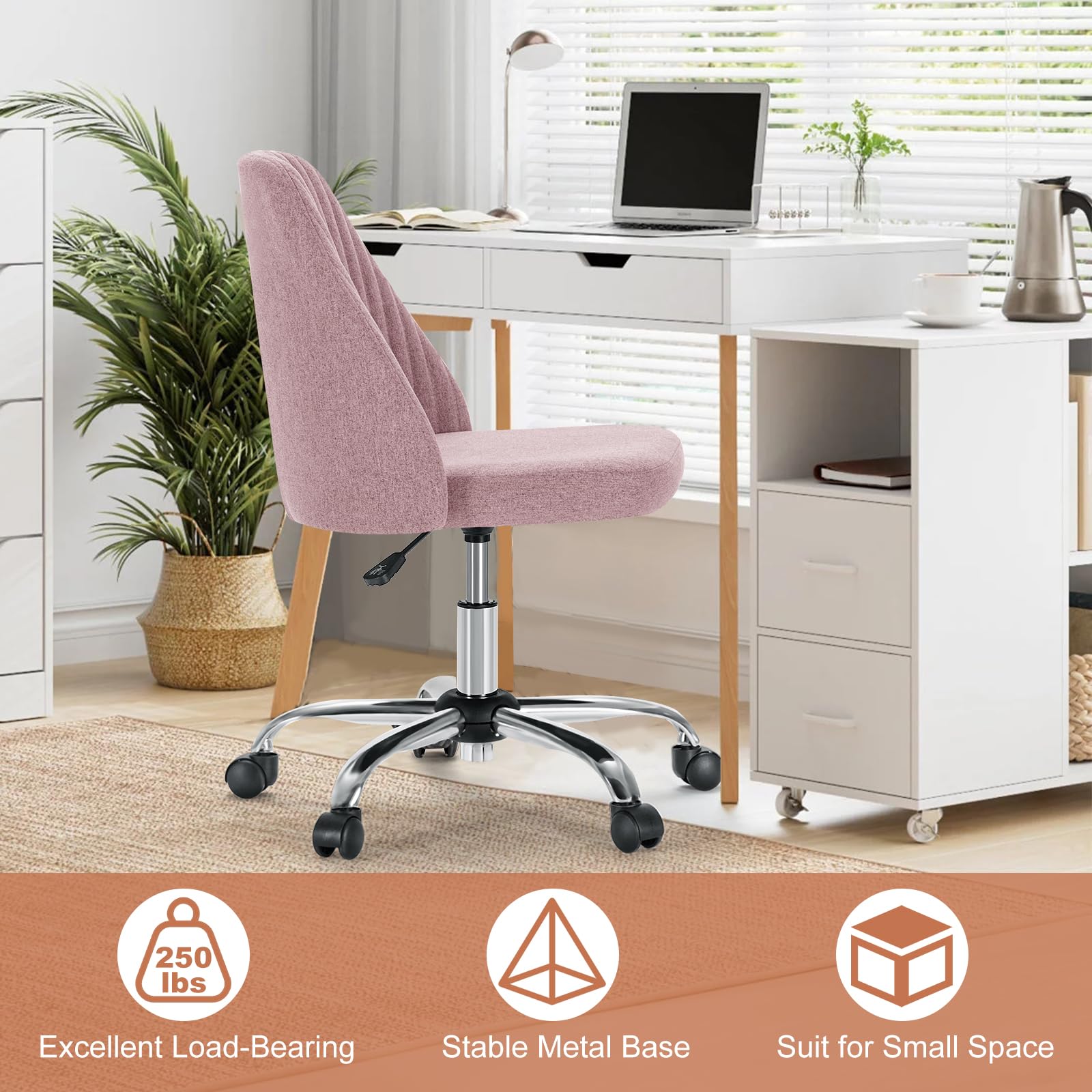 Office Desk Chair, Modern Cute Rolling Vanity Swivel Task Seating with Wheels, Comfortable Back Seat Armless for Home, Bedrooms, Study, Student, Adults, Make-Up, Dressing Room Dusty Rose