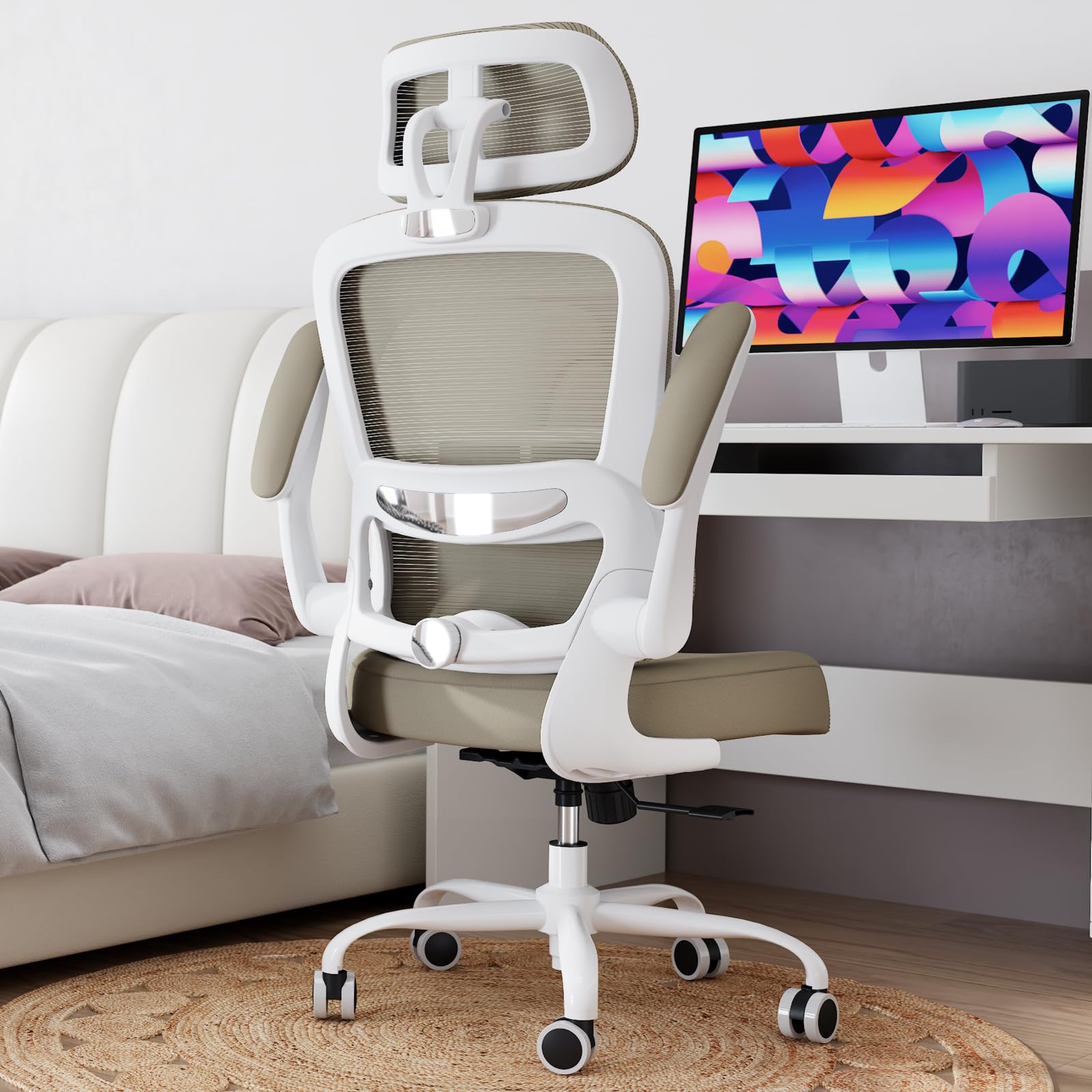 Office Chair Ergonomic Desk Chair, 330 LBS Home Mesh Office Desk Chairs with Wheels, Comfortable Gaming Chairs (Khaki)