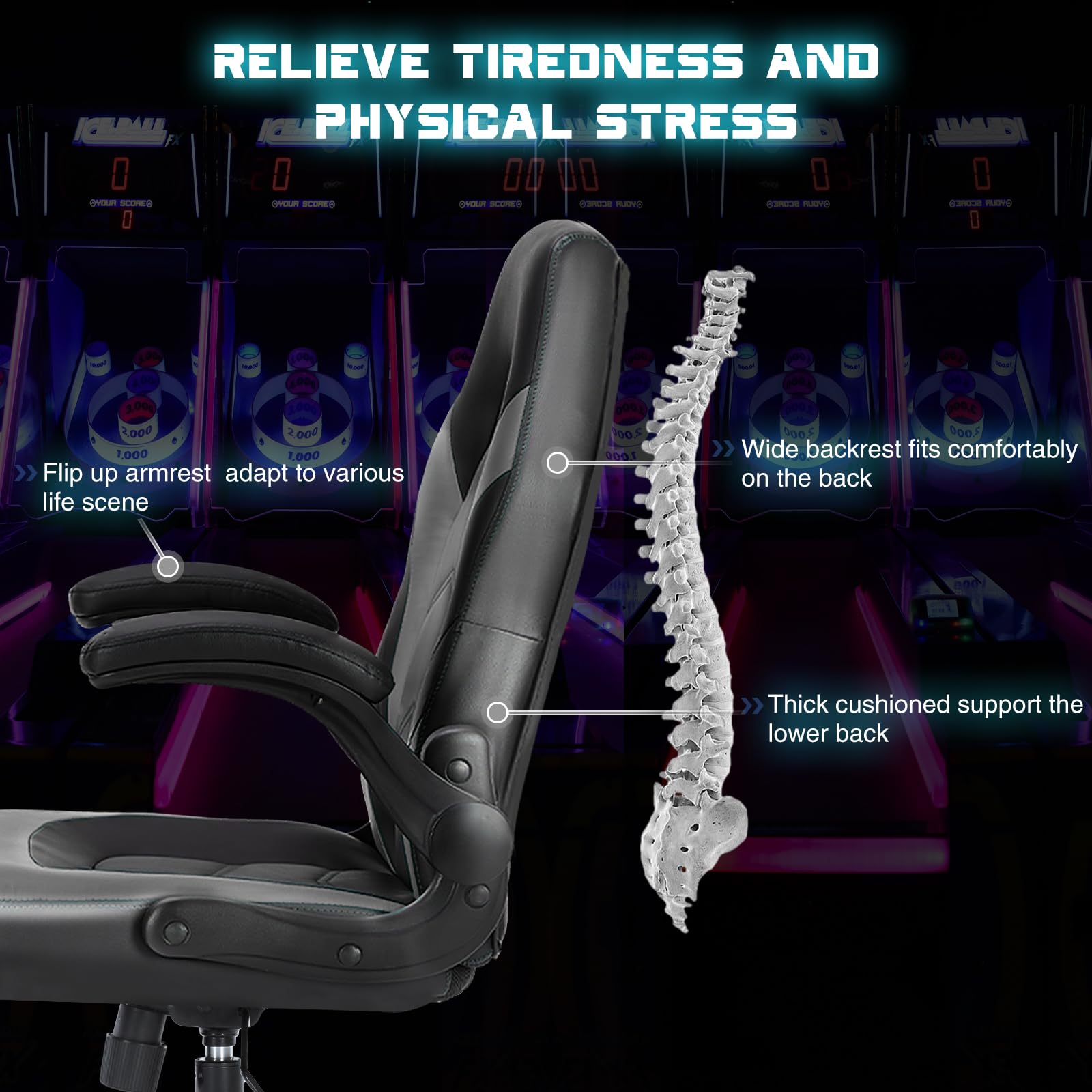 Computer Video Game Desk Chair - Ergonomic Comfy Lumbar Support, PU Leather with Flip-up Armrest, Height Adjustable and 360° Swivel, for Adults, Black Grey