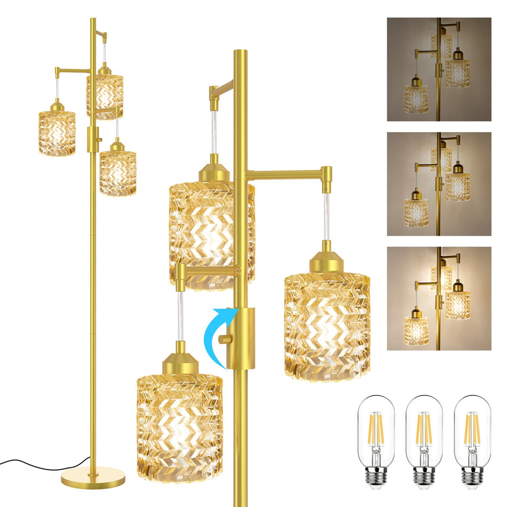 Gold Floor Lamp for Living Room, 3-Light Gold Glass Lampshades