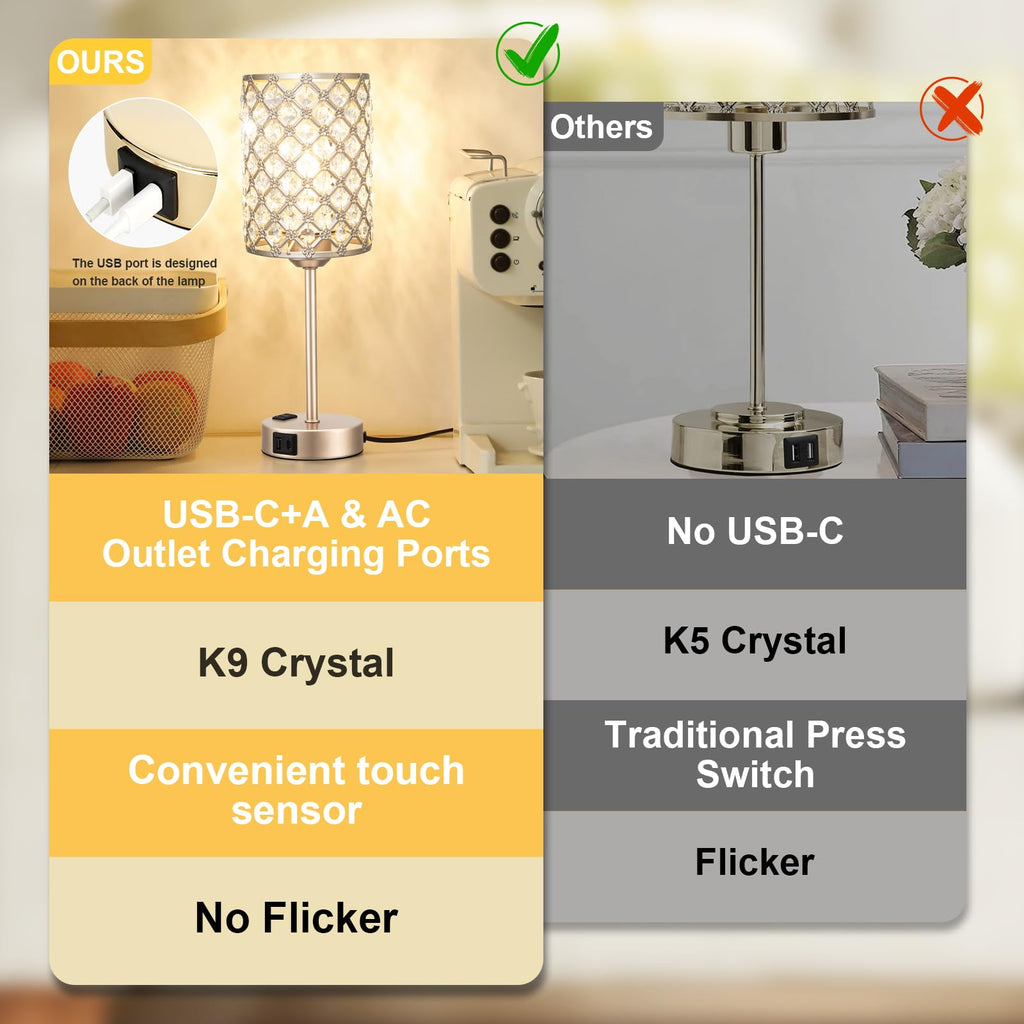 Champagne Gold Lamps for Night Stands, Crystal Table Lamp (Bulb Included)