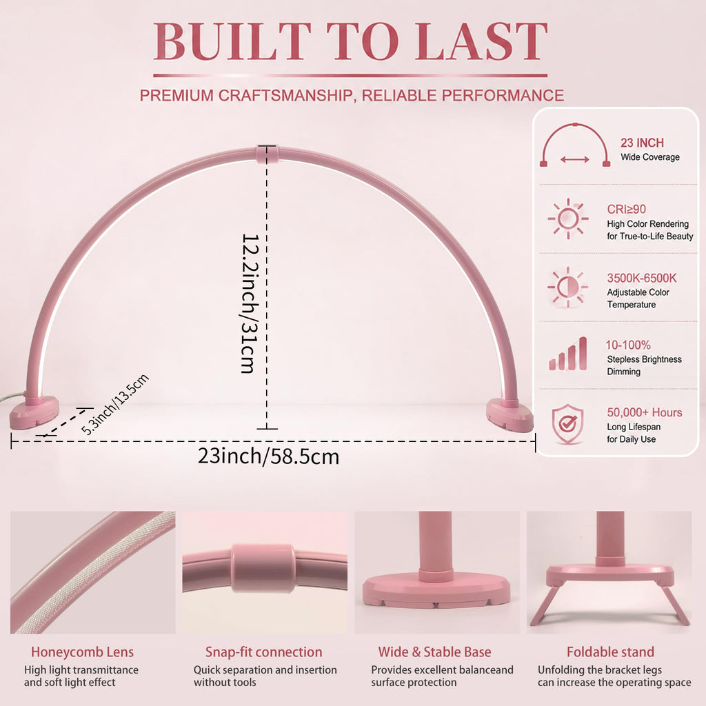 Half Moon Nail Desk Lamp, 23” Foldable Nail Tech Light, 10-Level Dimming & 3 Color Temperatures, Pink Arch Light for Manicure, Eyelash, Tattoo & Skin Care
