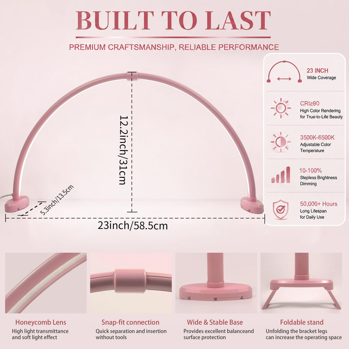 Half Moon Nail Desk Lamp, 23” Foldable Nail Tech Light, 10-Level Dimming & 3 Color Temperatures, Pink Arch Light for Manicure, Eyelash, Tattoo & Skin Care