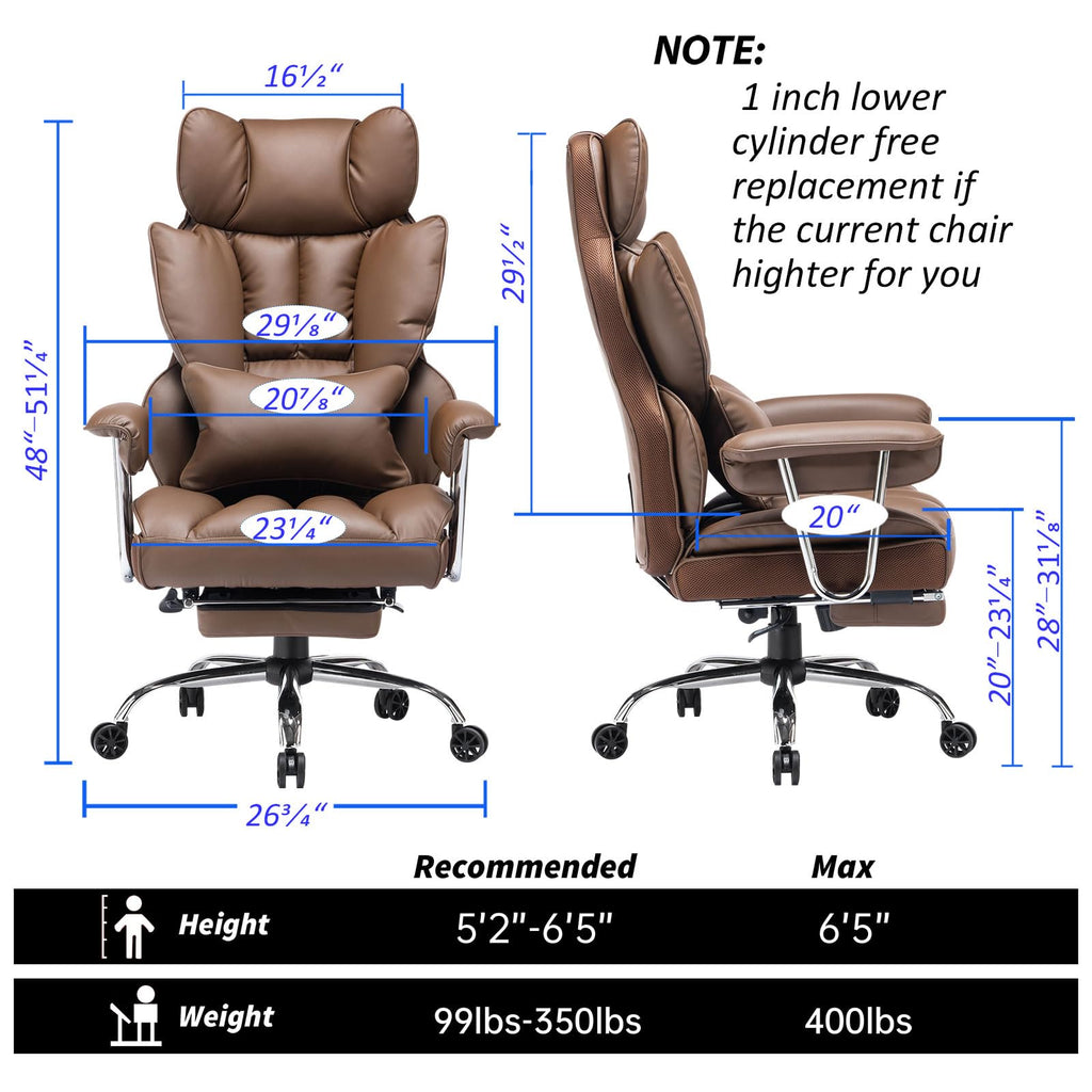 Big and Tall Office Chair 400lbs – High Back Executive Chair with Swivel Base, PU Leather Upholstery, Lumbar Pillow, Padded Armrests, and Rolling Wheels，Brown Computer Chair