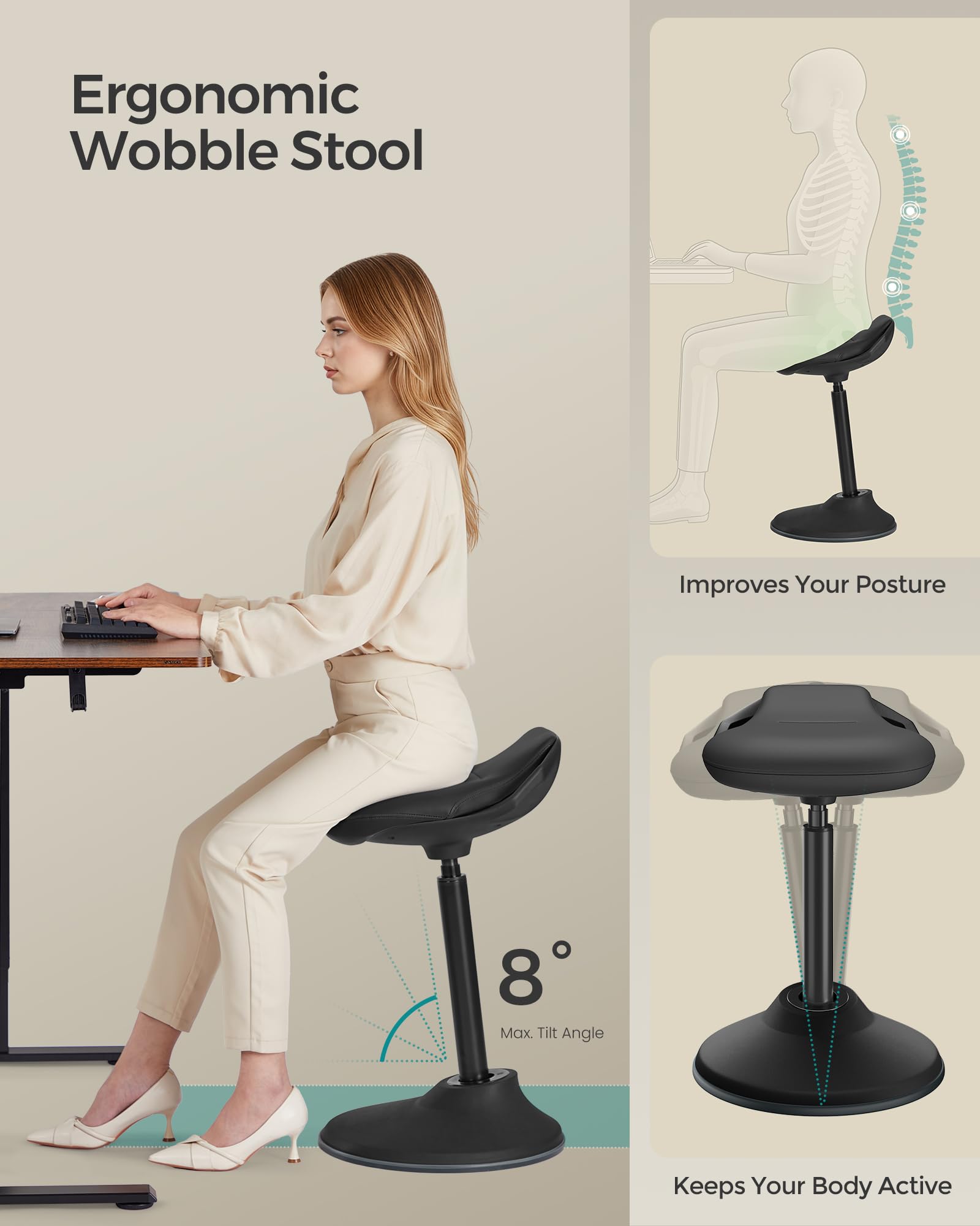 Ergonomic Sit Stand Stool, Height Adjustable Standing Desk Stool 23.6-33.3 Inches, Swivel Balance Chair with Non-Slip Base, Standing Chair, for Active Sitting, Office, Home, Ink Black