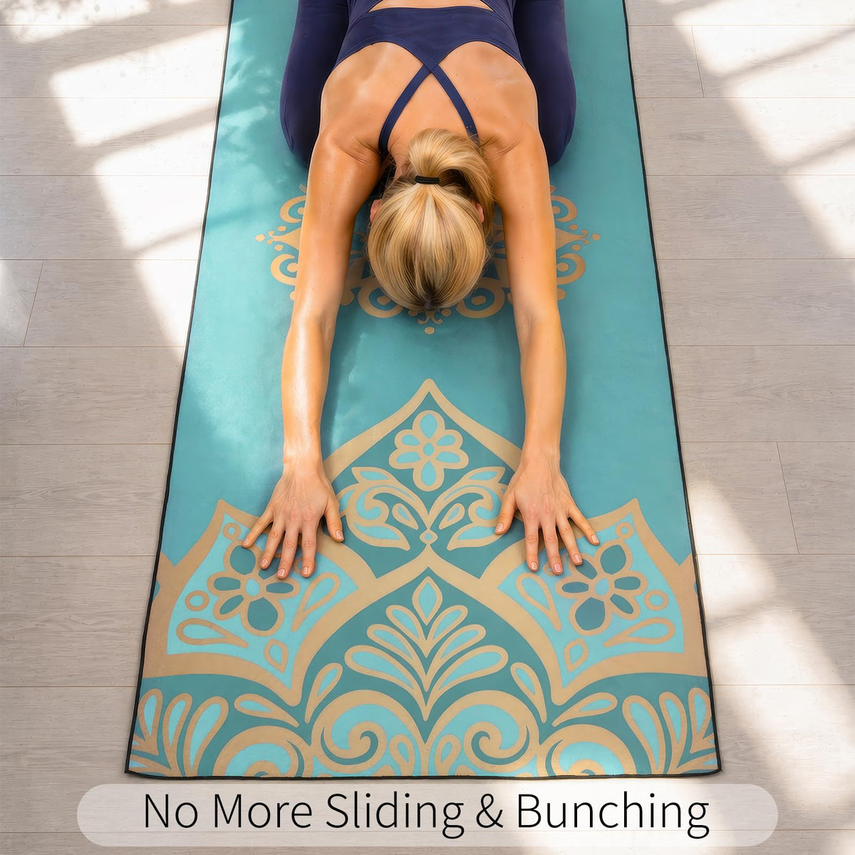 Hot Yoga Towel with Grip Dots, Non Slip, 70"x26, Turquoise Gold Mandala