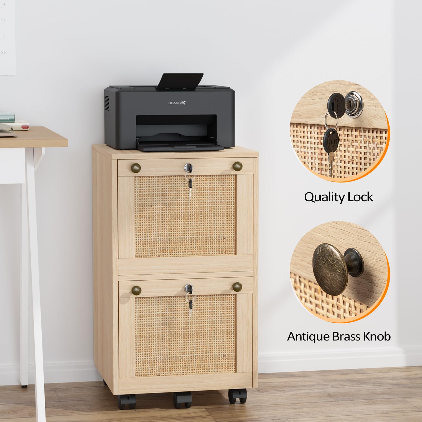 2 Drawer File Cabinet with Lock, Rolling File Cabinets for Home Office, Small Printer Stand, Wood Rattan Oak File Organizer, Under Desk Filing Cabinet on Wheels for Folders with Tabs