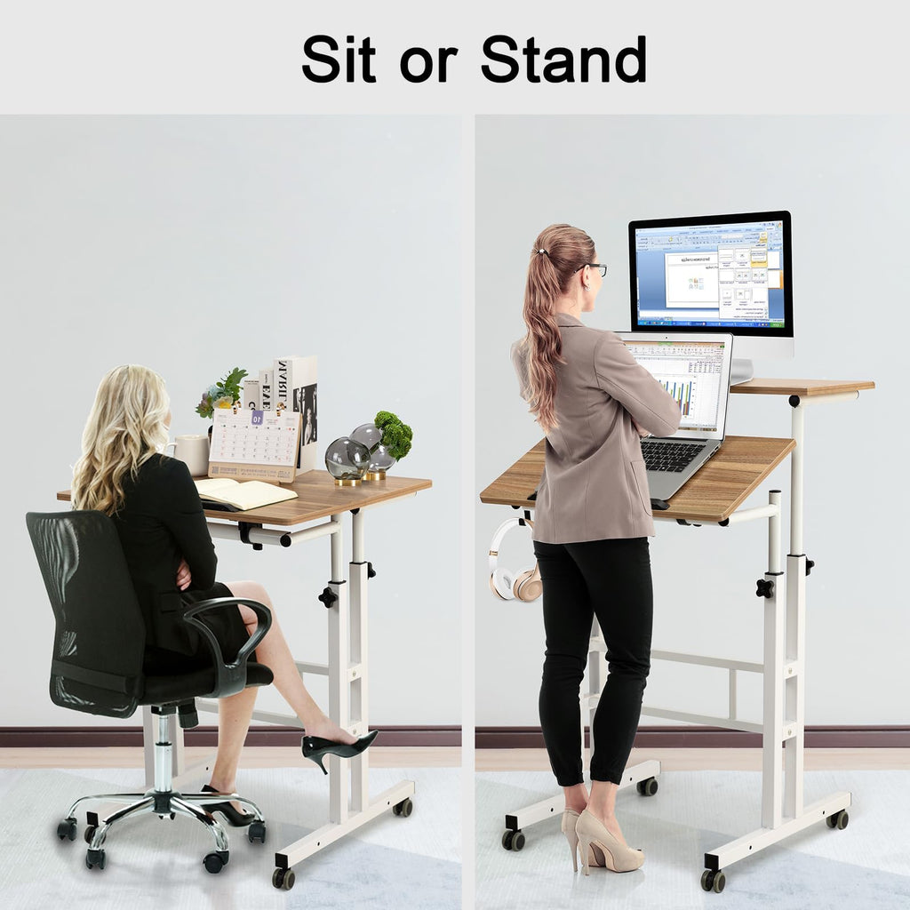 Mobile Standing Desk with Charging Station, Adjustable Standing Computer Desk, Standing Adjustable Laptop Cart with Wheels for Home Office Classroom Vintage Oak