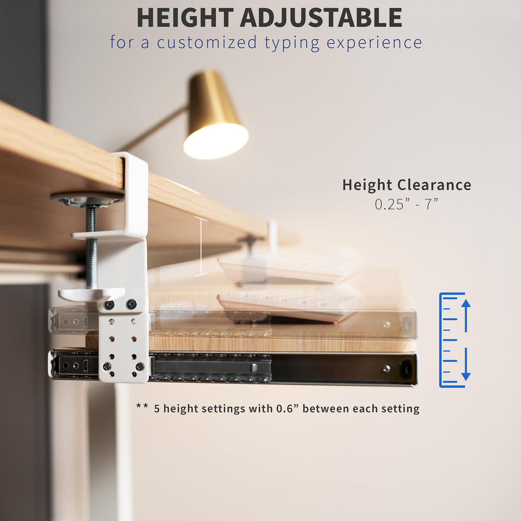 Large Height Adjustable Under Desk Keyboard Tray, C-clamp Mount System, 27 (33 Including Clamps) x 11 inch Slide-Out Platform for Typing, Light Wood, MOUNT-KB05HA