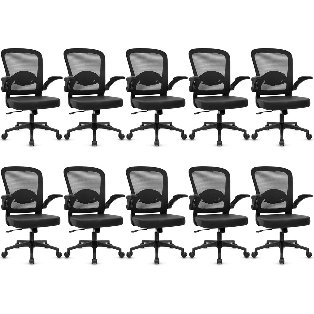 Desk Chairs with Wheels, Ergonomic Mesh Back PU Leather Seat Home Office Adjustable Lumbar Support and Height Swivel Rolling Computer Task Chair with Flip Up Arms for Conference, Black, 10PK
