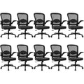 Desk Chairs with Wheels, Ergonomic Mesh Back PU Leather Seat Home Office Adjustable Lumbar Support and Height Swivel Rolling Computer Task Chair with Flip Up Arms for Conference, Black, 10PK