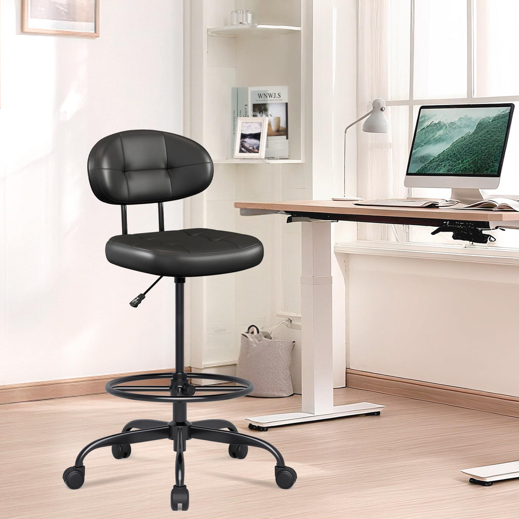 Drafting Chair Without Arms, Tall Office Chair with Footrest Ring for Standing Desk, Small Faux Leather Executive Office Chair with Adjustable Height for Bar Lab Counter Height Desk, Black