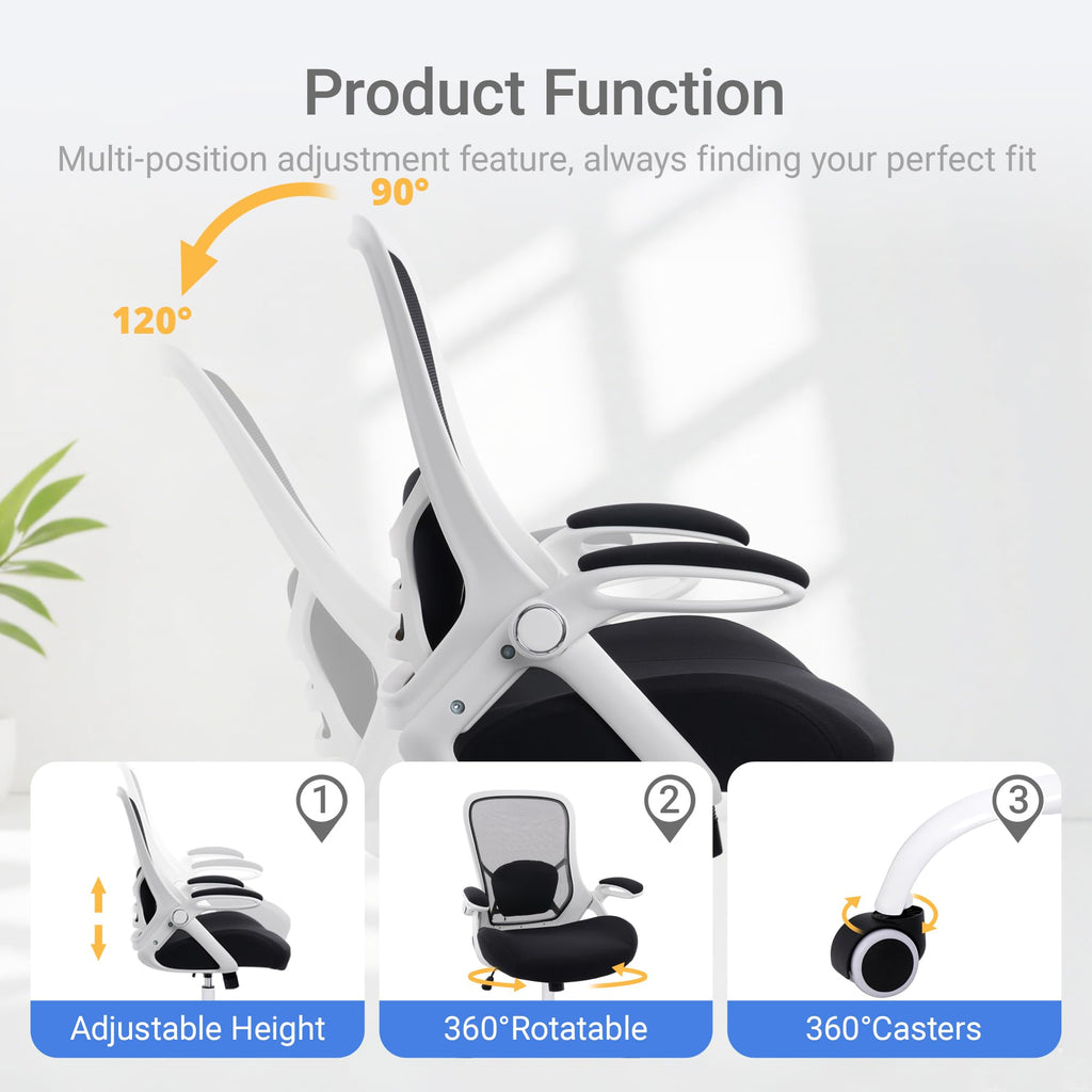 400lbs Heavy Duty Office Chair, 5" Thickened Seat Ergonomic Desk Chair with Adjustable Armrests, Home Office Computer Chairs for Long Hours Mesh Executive Chair(White Base&Black)