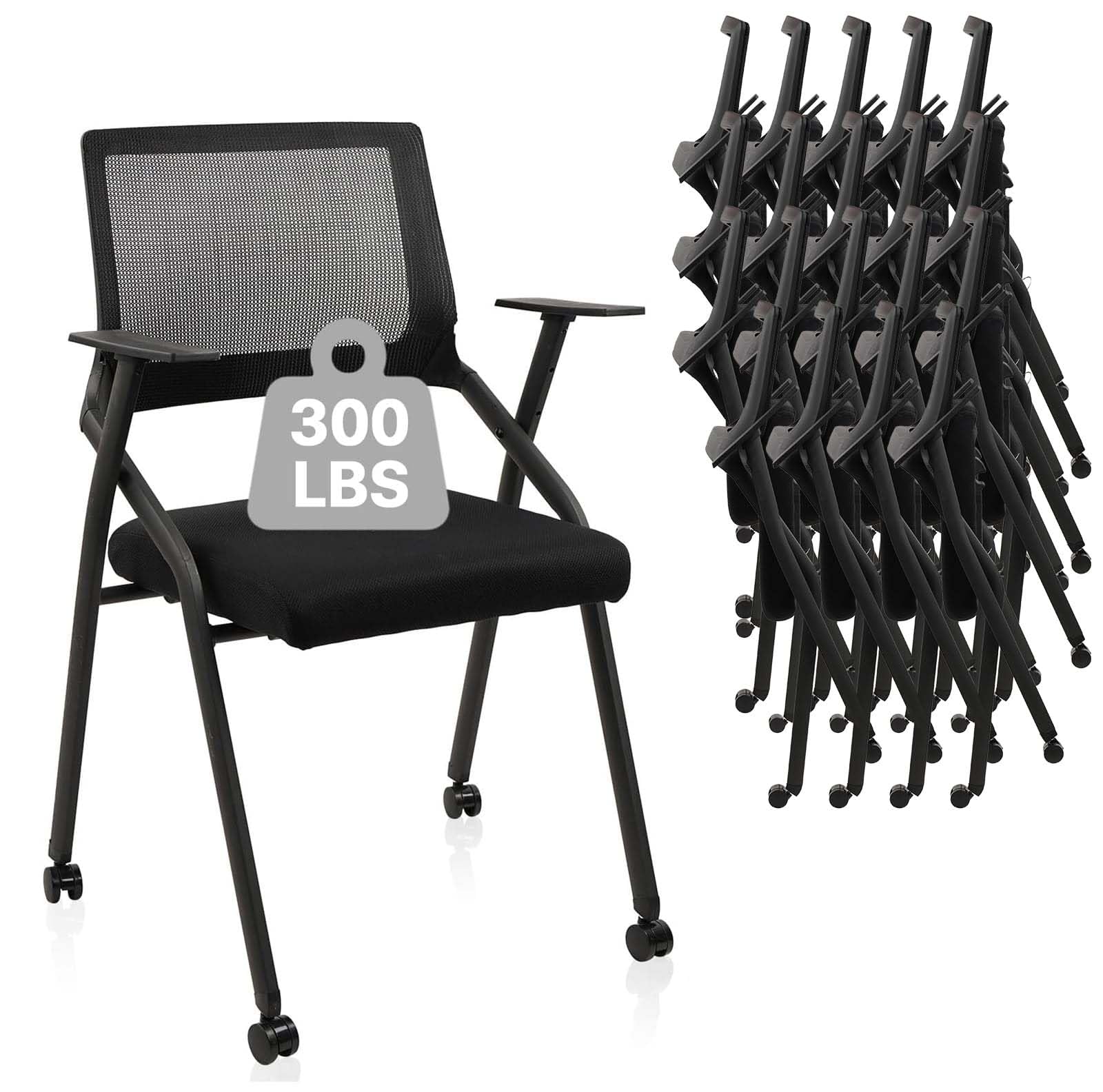 Black (20 pk) Ergonomic Stackable & Foldable Conference Room Chairs, Mesh Office Chair with Arms and Wheels for Office Waiting Room Meeting Lobby Church School Receptions and Training