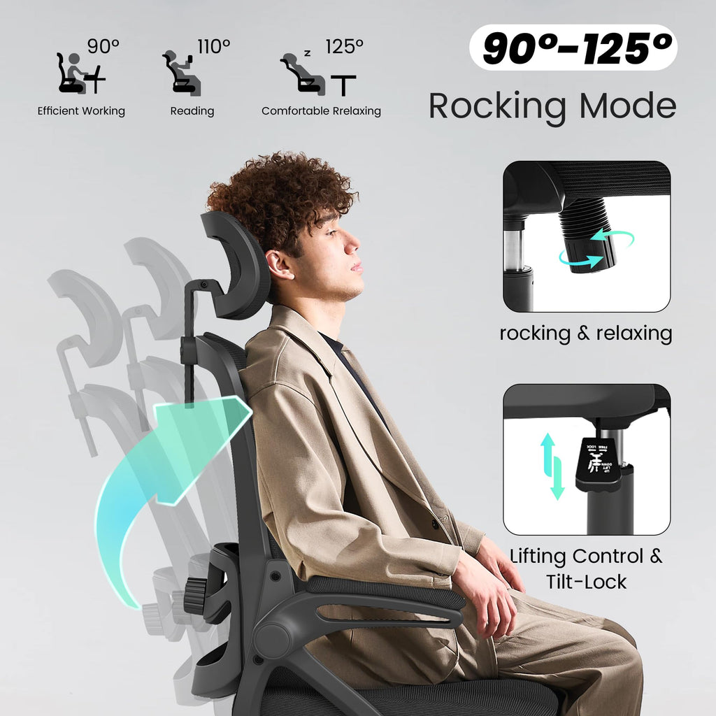 Office Chair, Ergonomic Office Chair with High Back Mesh and Adjustable Lumbar Support, Home Mesh Office Desk Chairs with Wheels, Comfortable Gaming Chair for Long Hours (Deep Black)