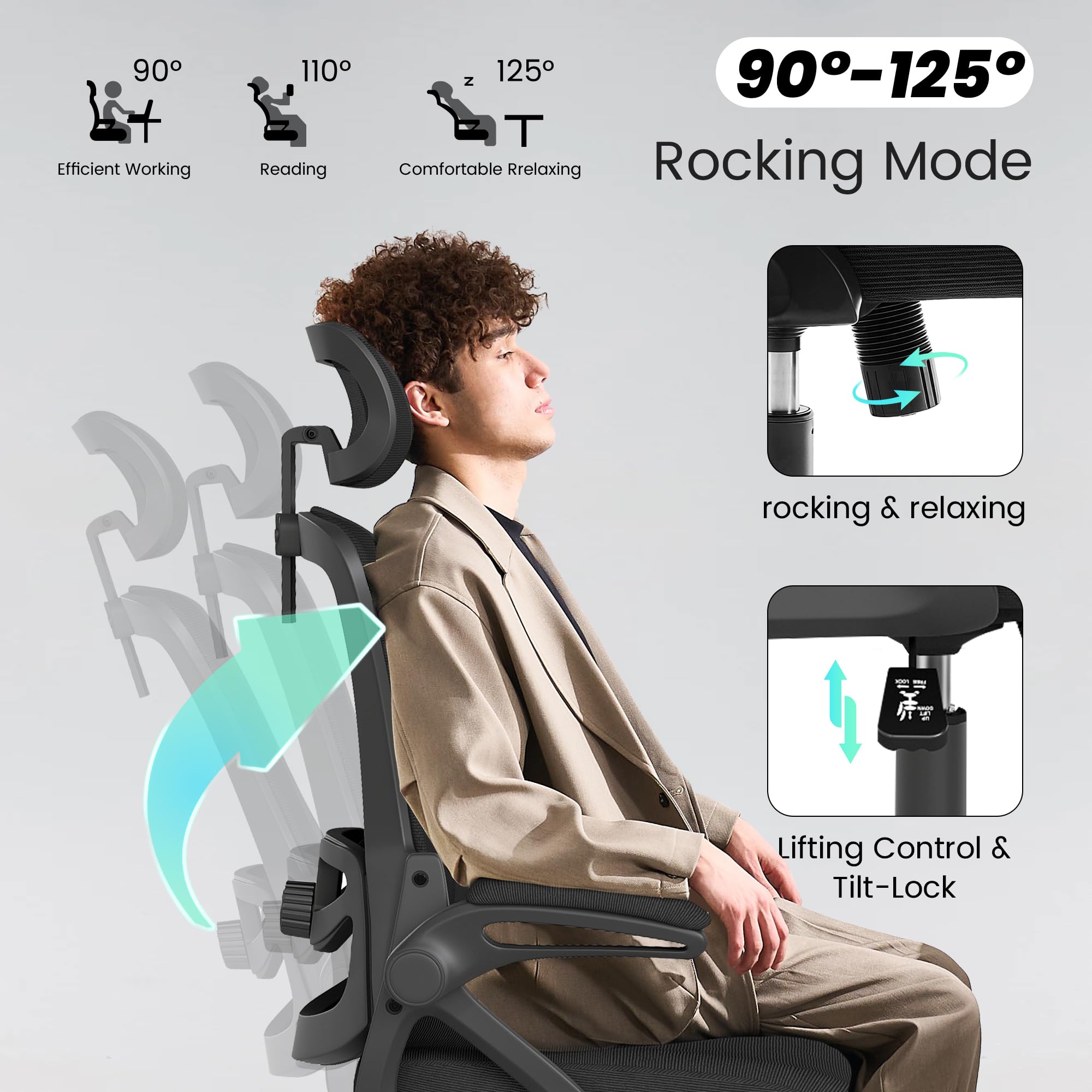 Office Chair, Ergonomic Office Chair with High Back Mesh and Adjustable Lumbar Support, Home Mesh Office Desk Chairs with Wheels, Comfortable Gaming Chair for Long Hours (Deep Black)